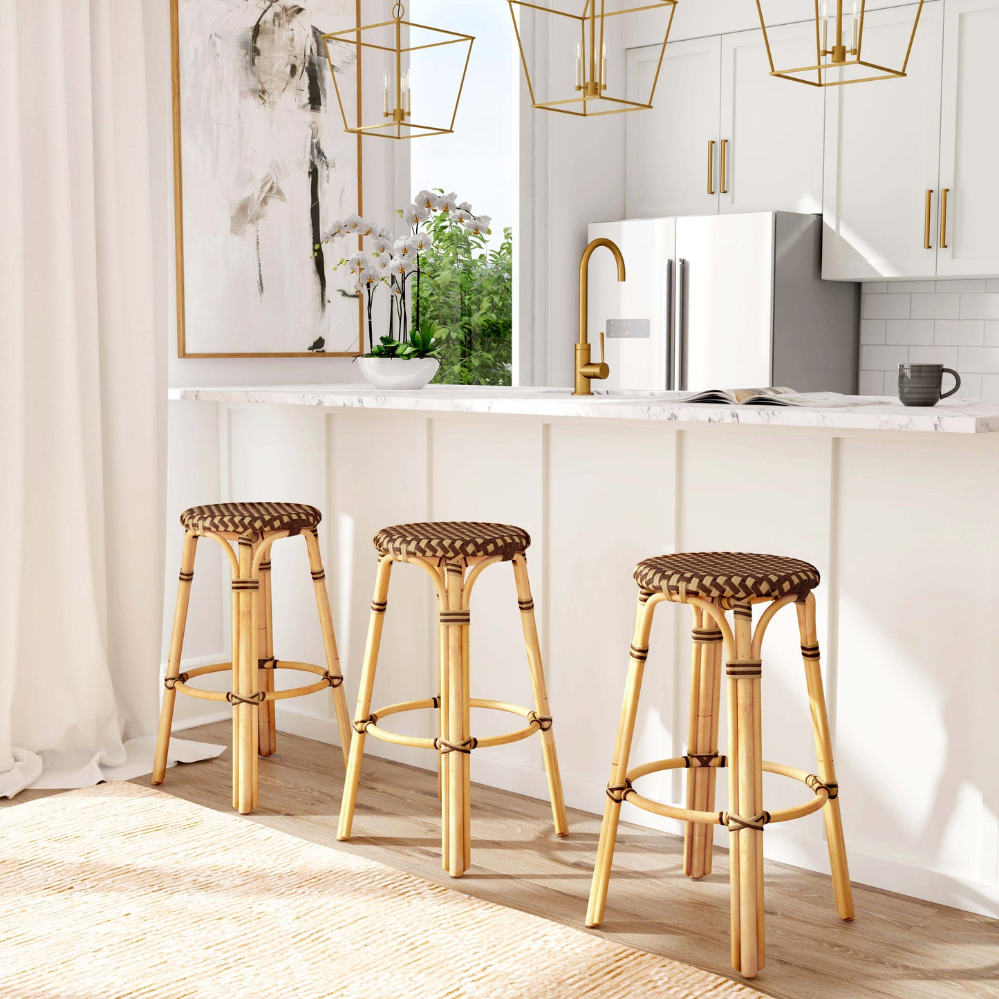 Tobias Round Rattan 30" Bar Stool in Brown and Tan Dot 9370354