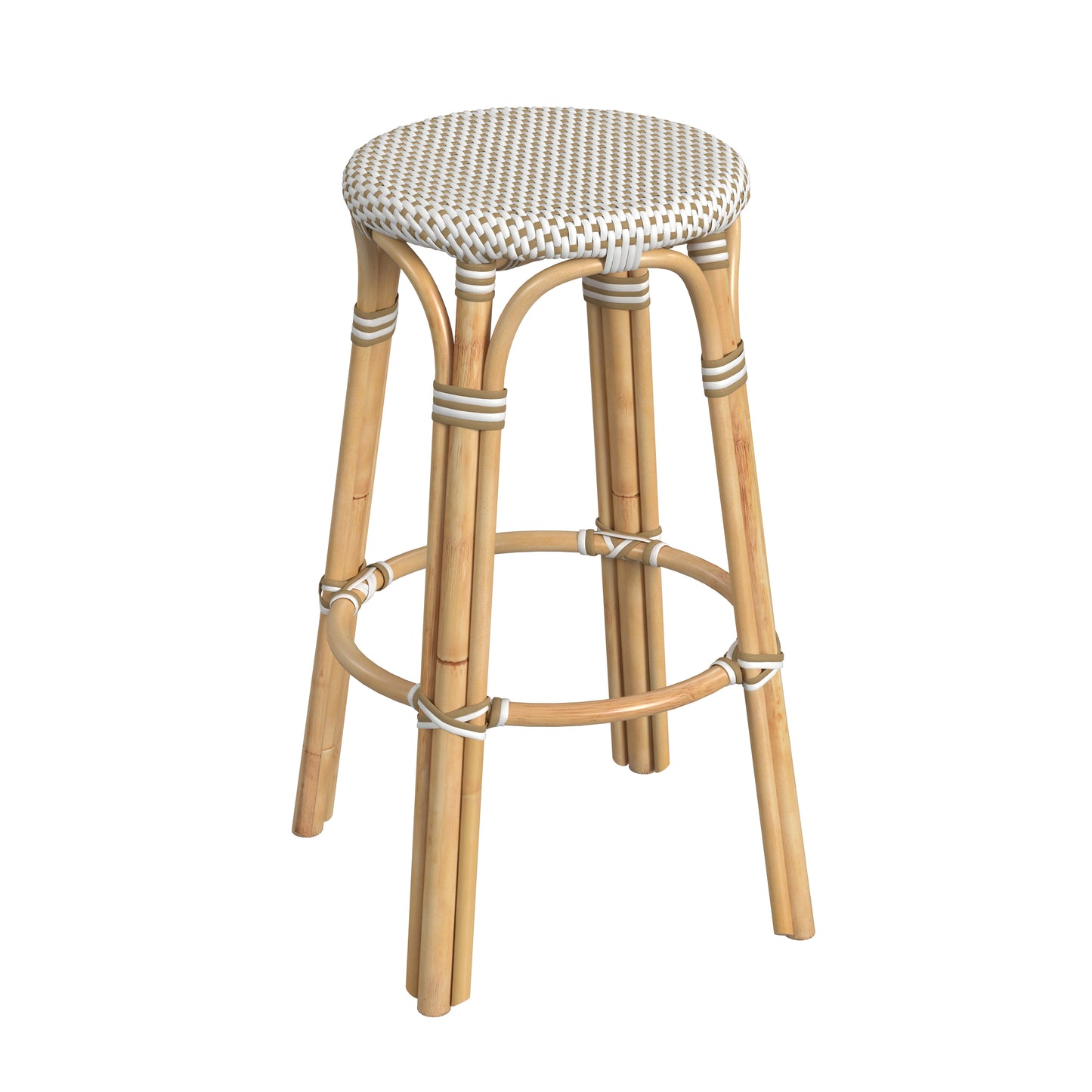 Tobias Round Rattan 30" Bar Stool in White and Tan Dot 9370415