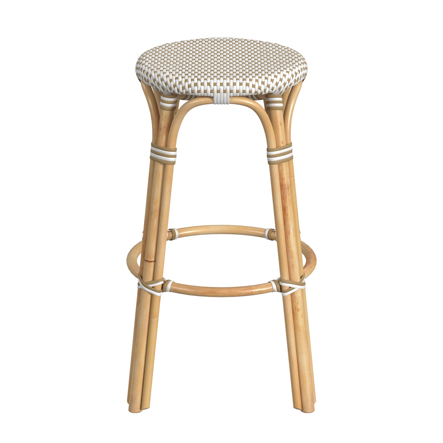 Tobias Round Rattan 30" Bar Stool in White and Tan Dot 9370415
