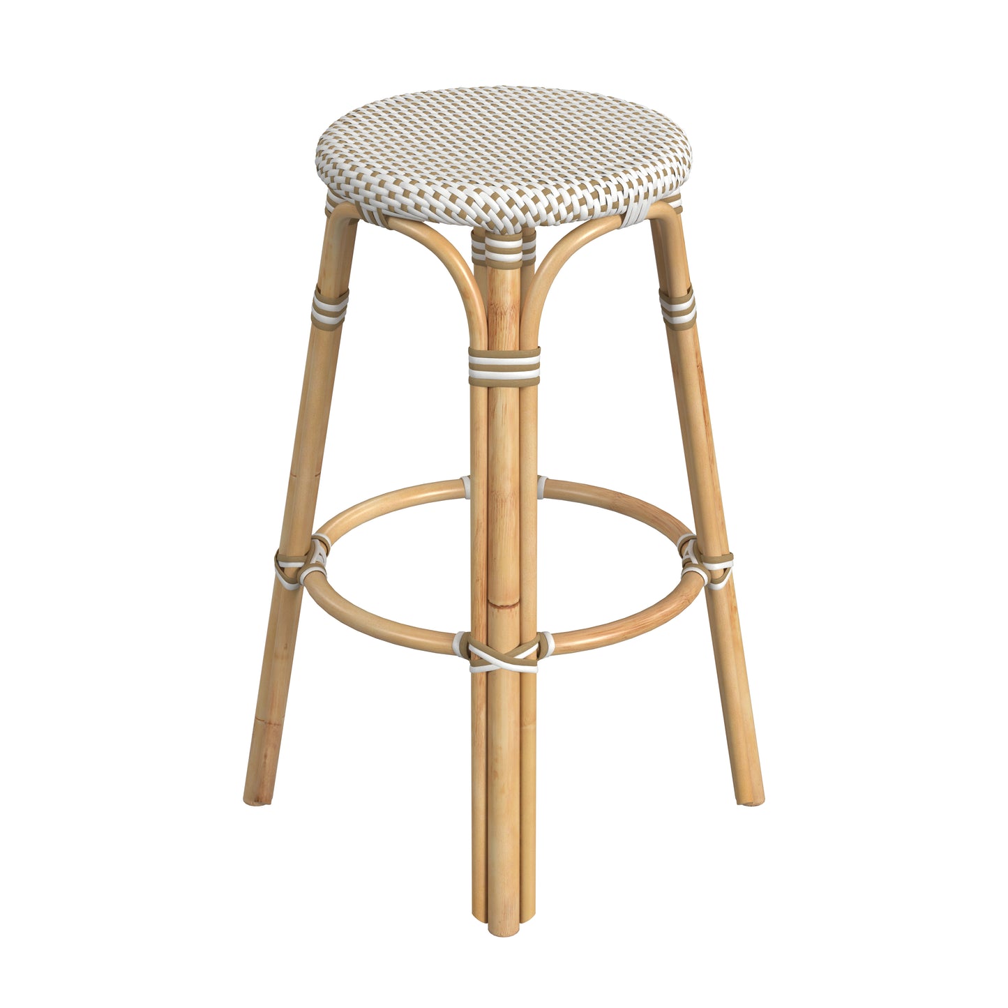 Tobias Round Rattan 30" Bar Stool in White and Tan Dot 9370415