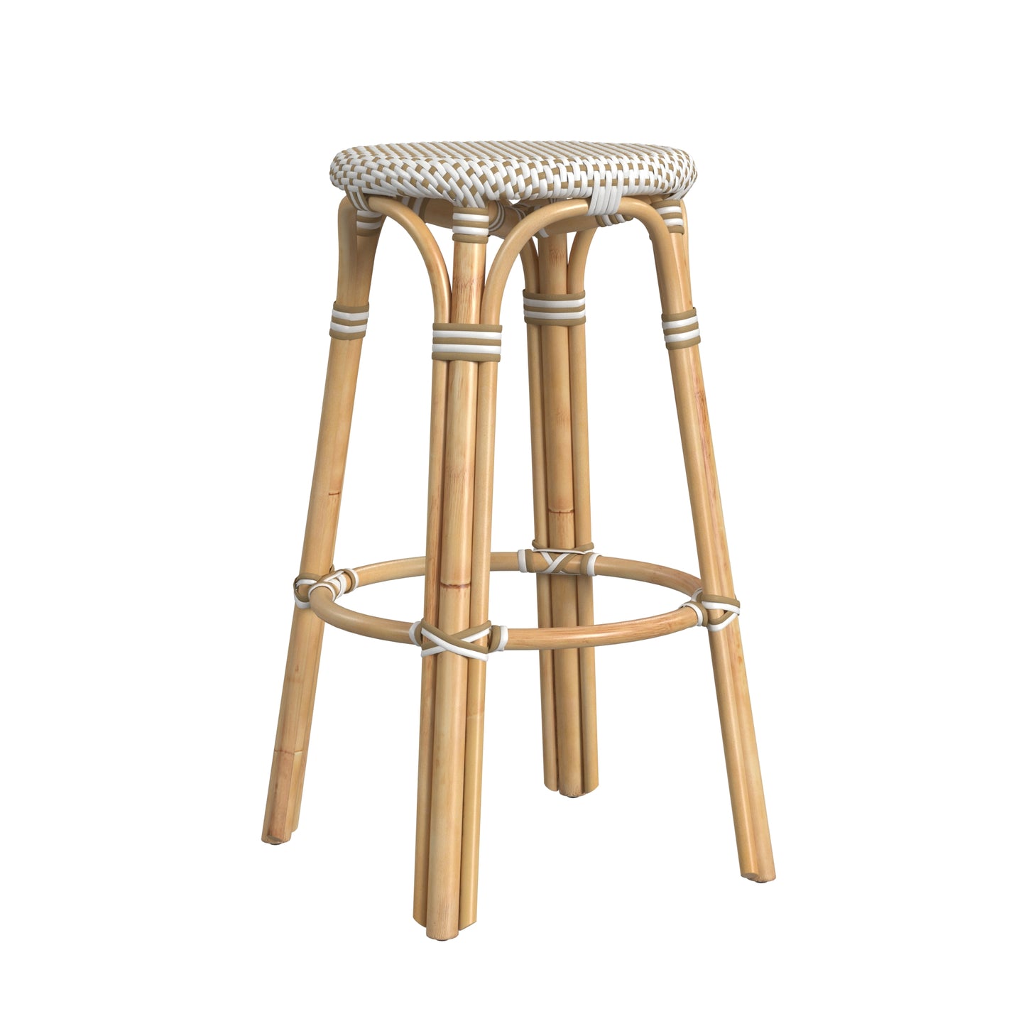 Tobias Round Rattan 30" Bar Stool in White and Tan Dot 9370415