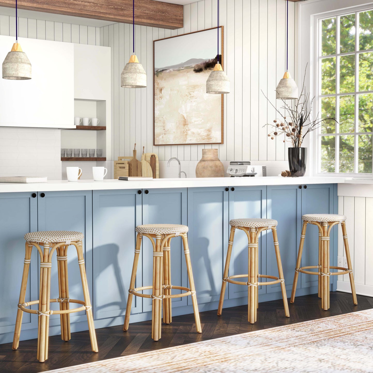Tobias Round Rattan 30" Bar Stool in White and Tan Dot 9370415