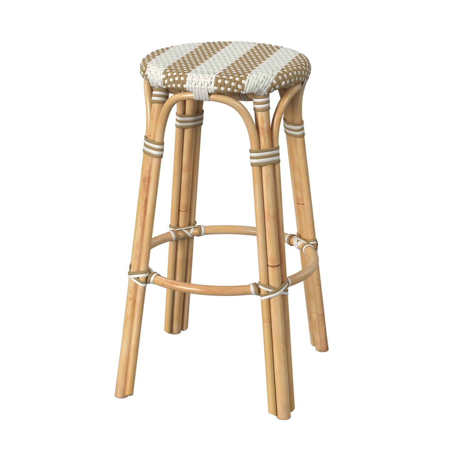 Tobias Round Rattan 30" Bar Stool in Tan and White Stripe 9370984