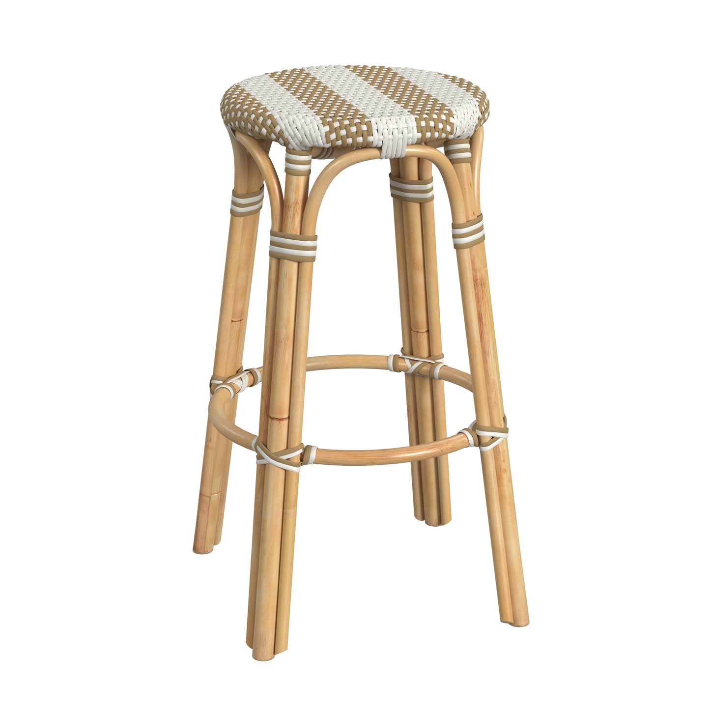 Tobias Round Rattan 30" Bar Stool in Tan and White Stripe 9370984