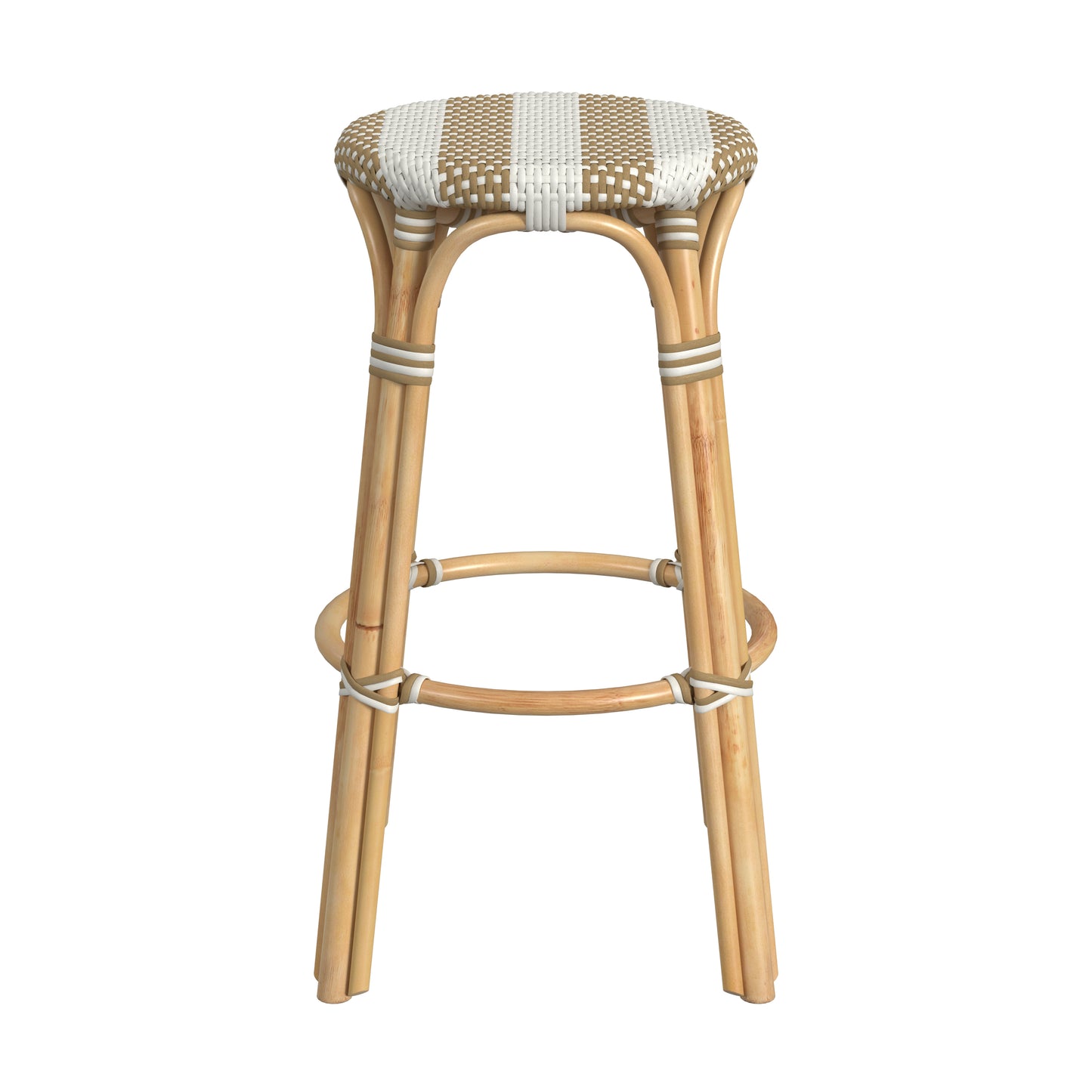 Tobias Round Rattan 30" Bar Stool in Tan and White Stripe 9370984