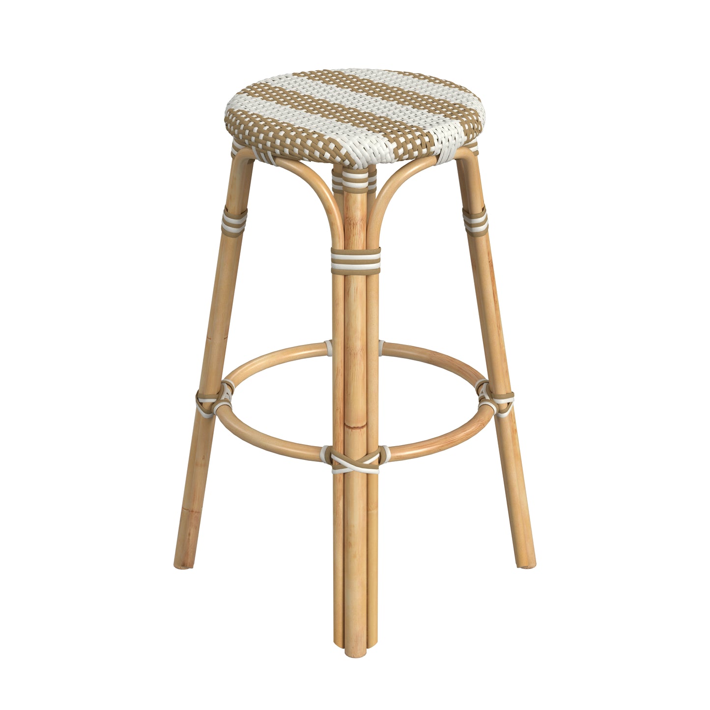 Tobias Round Rattan 30" Bar Stool in Tan and White Stripe 9370984
