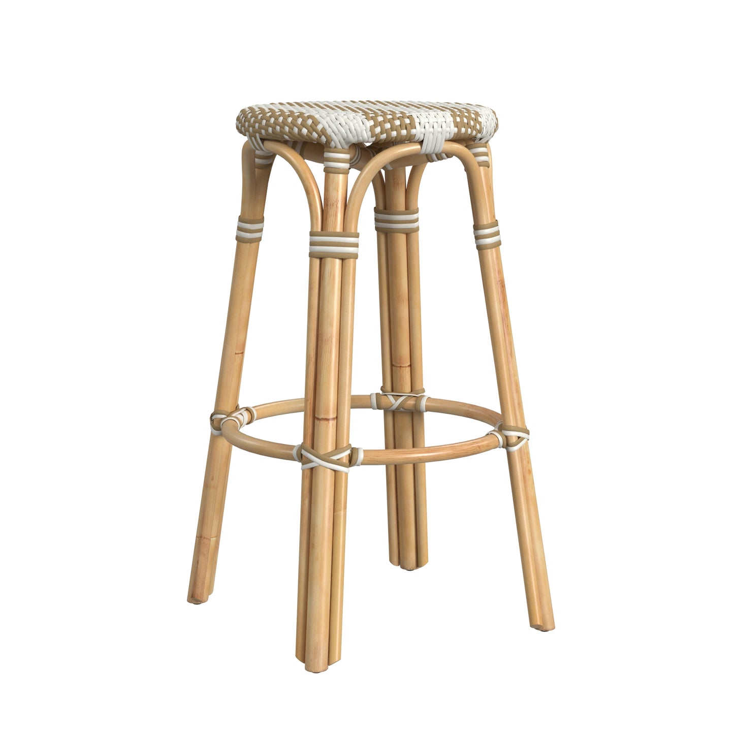 Tobias Round Rattan 30" Bar Stool in Tan and White Stripe 9370984