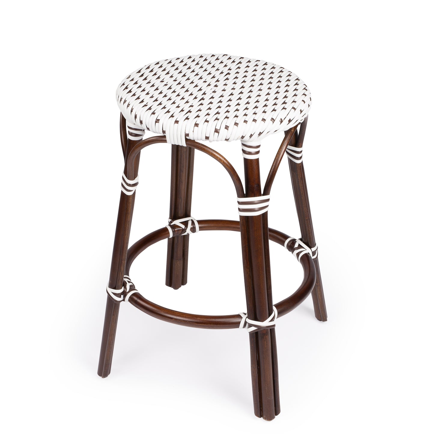Tobias Rattan Round 24" Counter Stool in White and Brown Dot 9371117