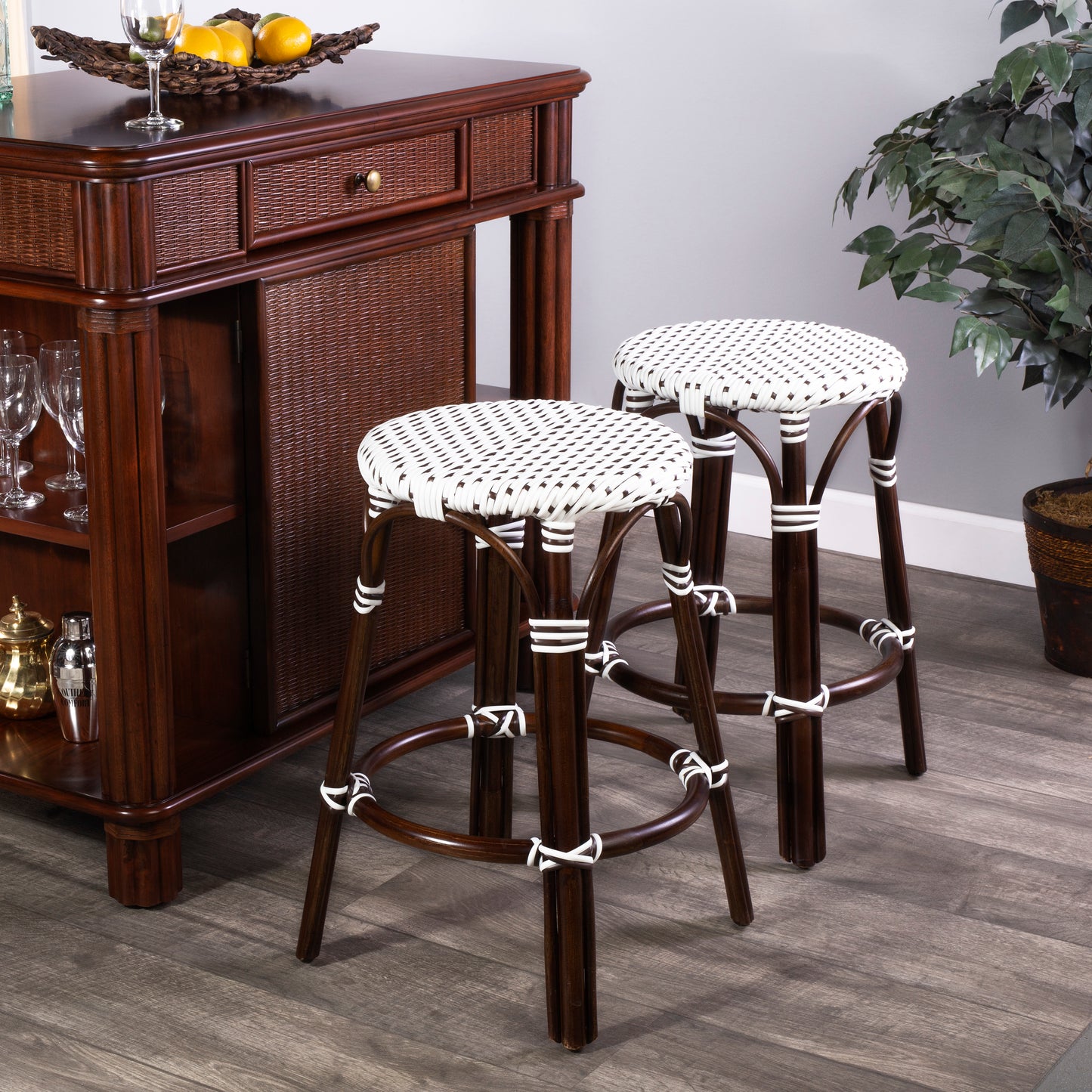 Tobias Rattan Round 24" Counter Stool in White and Brown Dot 9371117