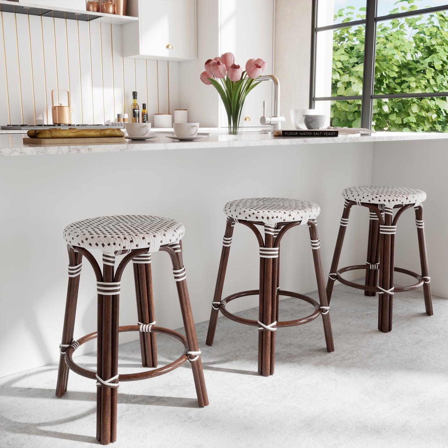 Tobias Rattan Round 24" Counter Stool in White and Brown Dot 9371117