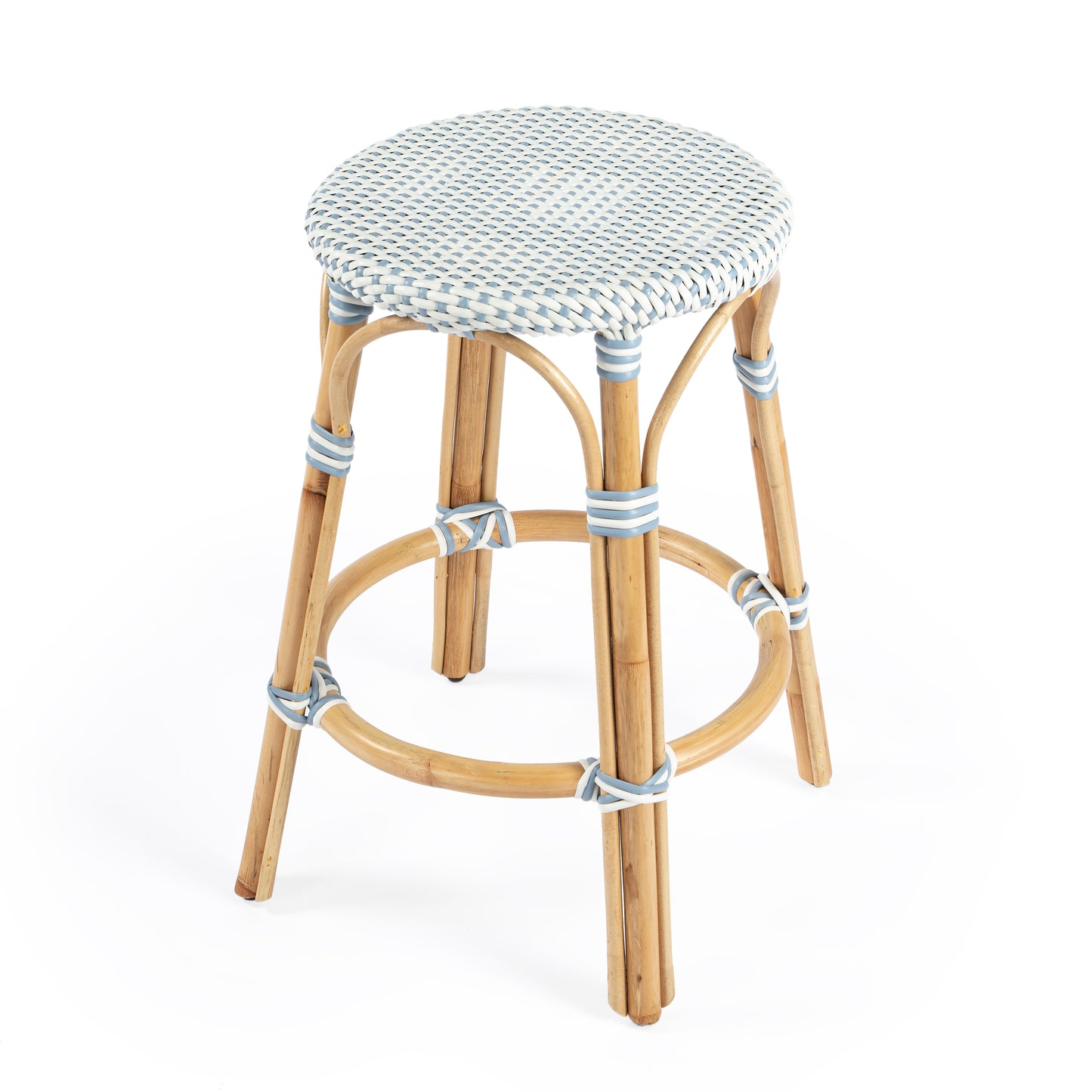 Tobias Rattan Round 24" Counter Stool in White and Sky Blue Dot 9371194