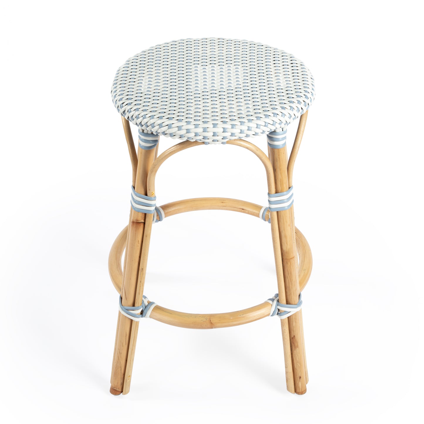 Tobias Rattan Round 24" Counter Stool in White and Sky Blue Dot 9371194
