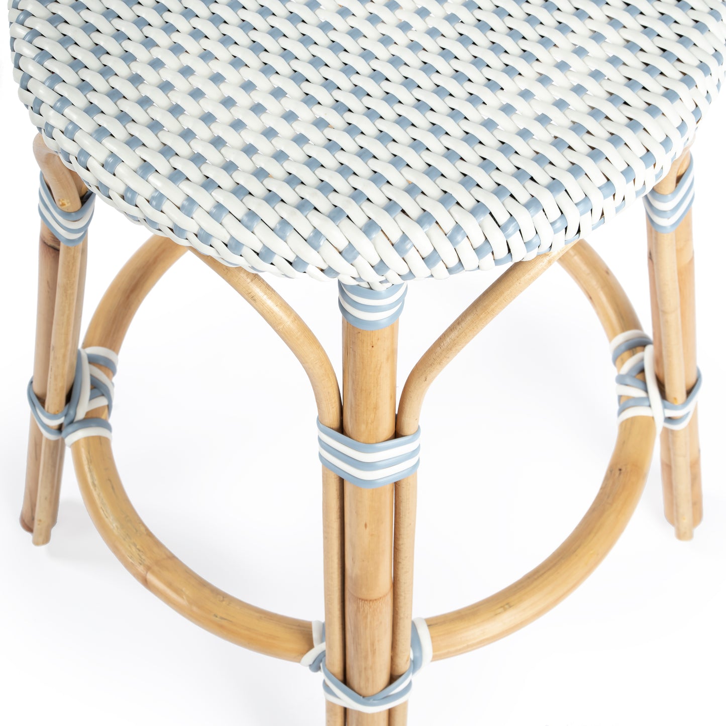 Tobias Rattan Round 24" Counter Stool in White and Sky Blue Dot 9371194
