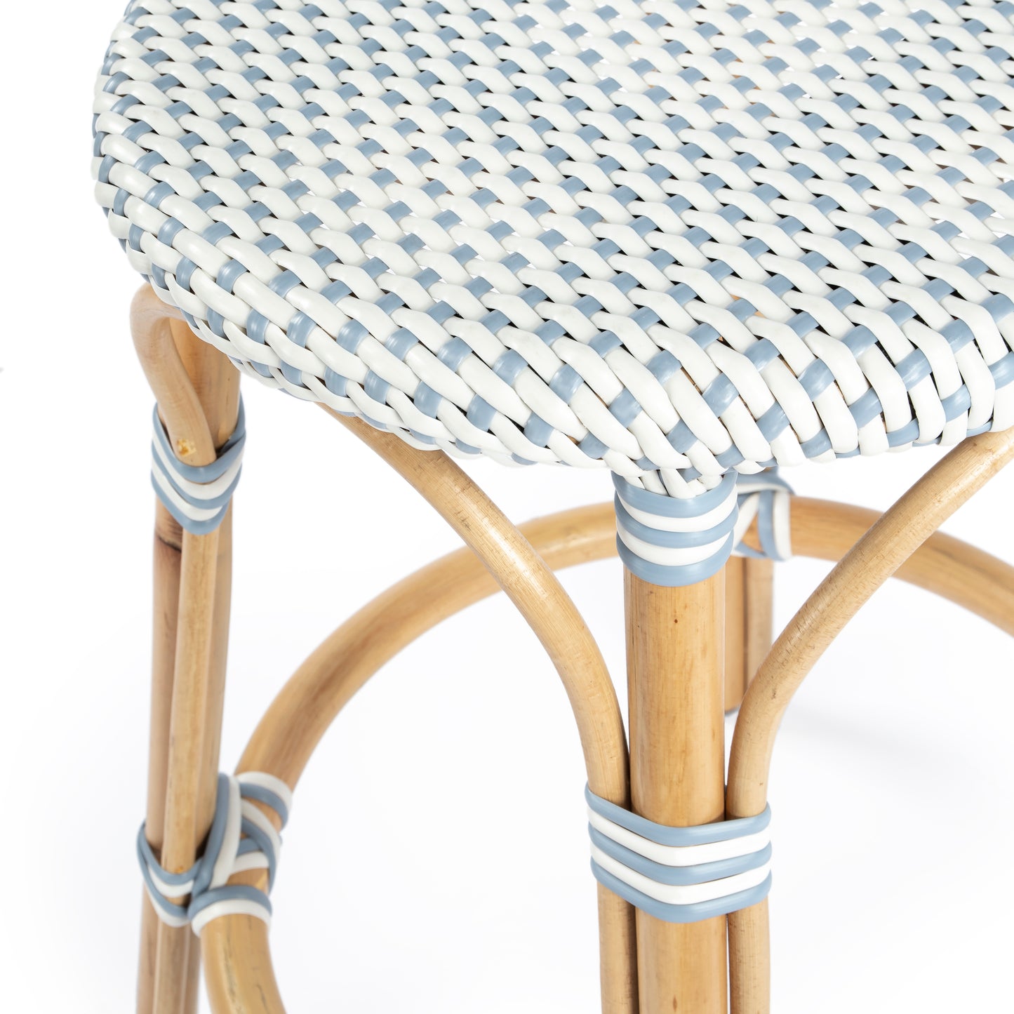 Tobias Rattan Round 24" Counter Stool in White and Sky Blue Dot 9371194