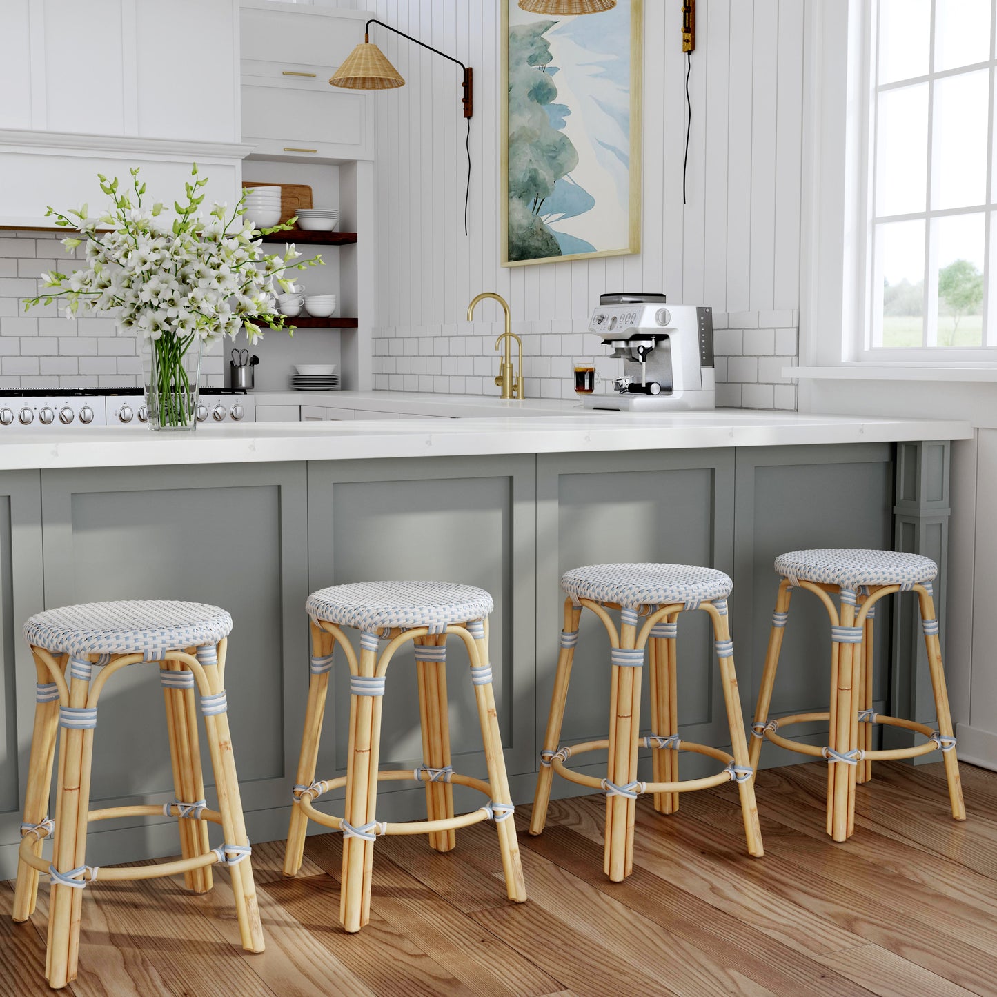 Tobias Rattan Round 24" Counter Stool in White and Sky Blue Dot 9371194