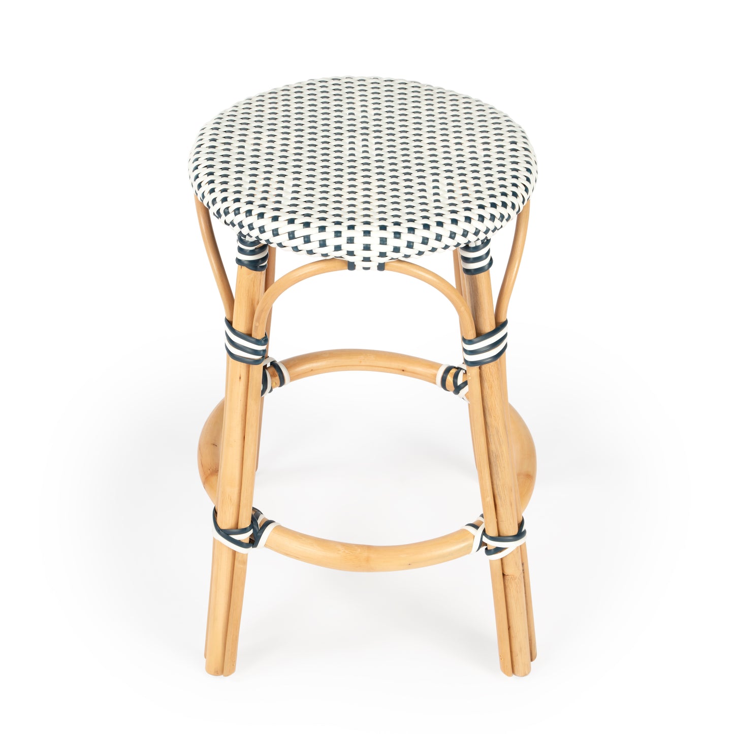 Tobias Rattan Round 24" Counter Stool in White and Navy Dot 9371222