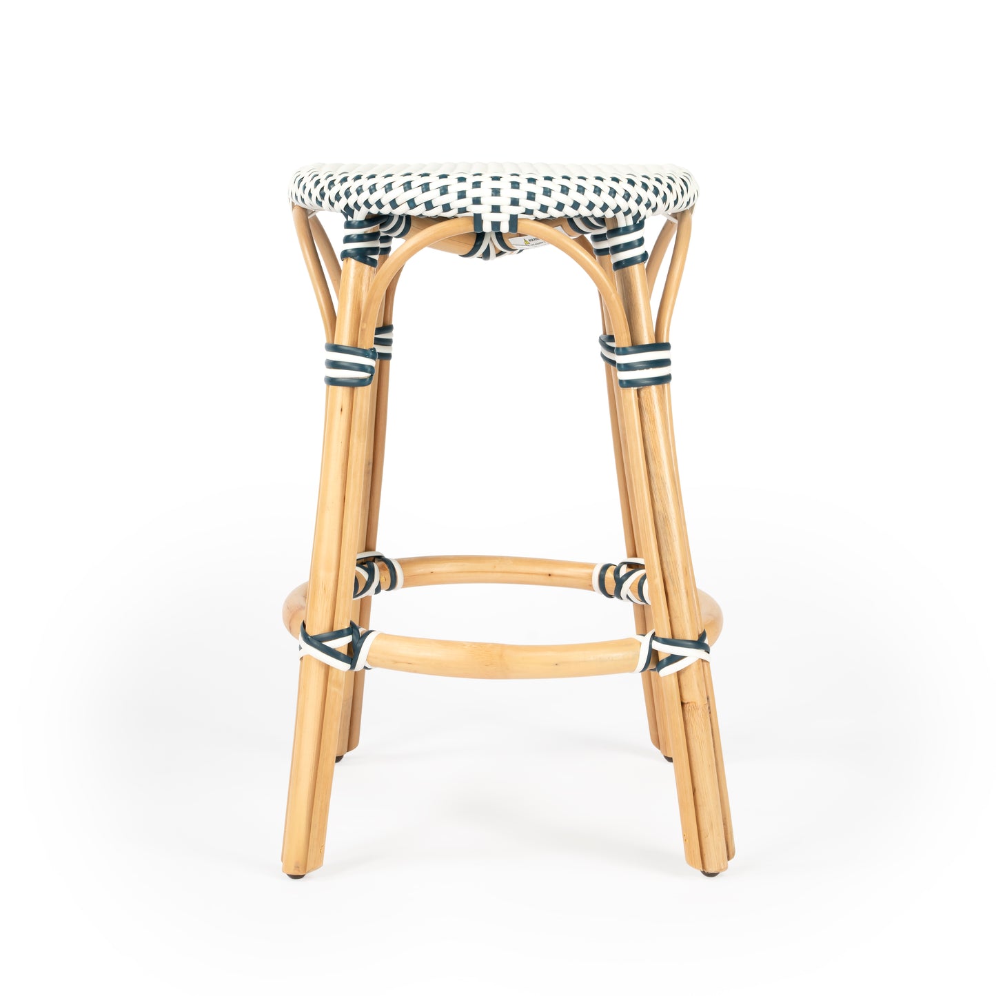 Tobias Rattan Round 24" Counter Stool in White and Navy Dot 9371222