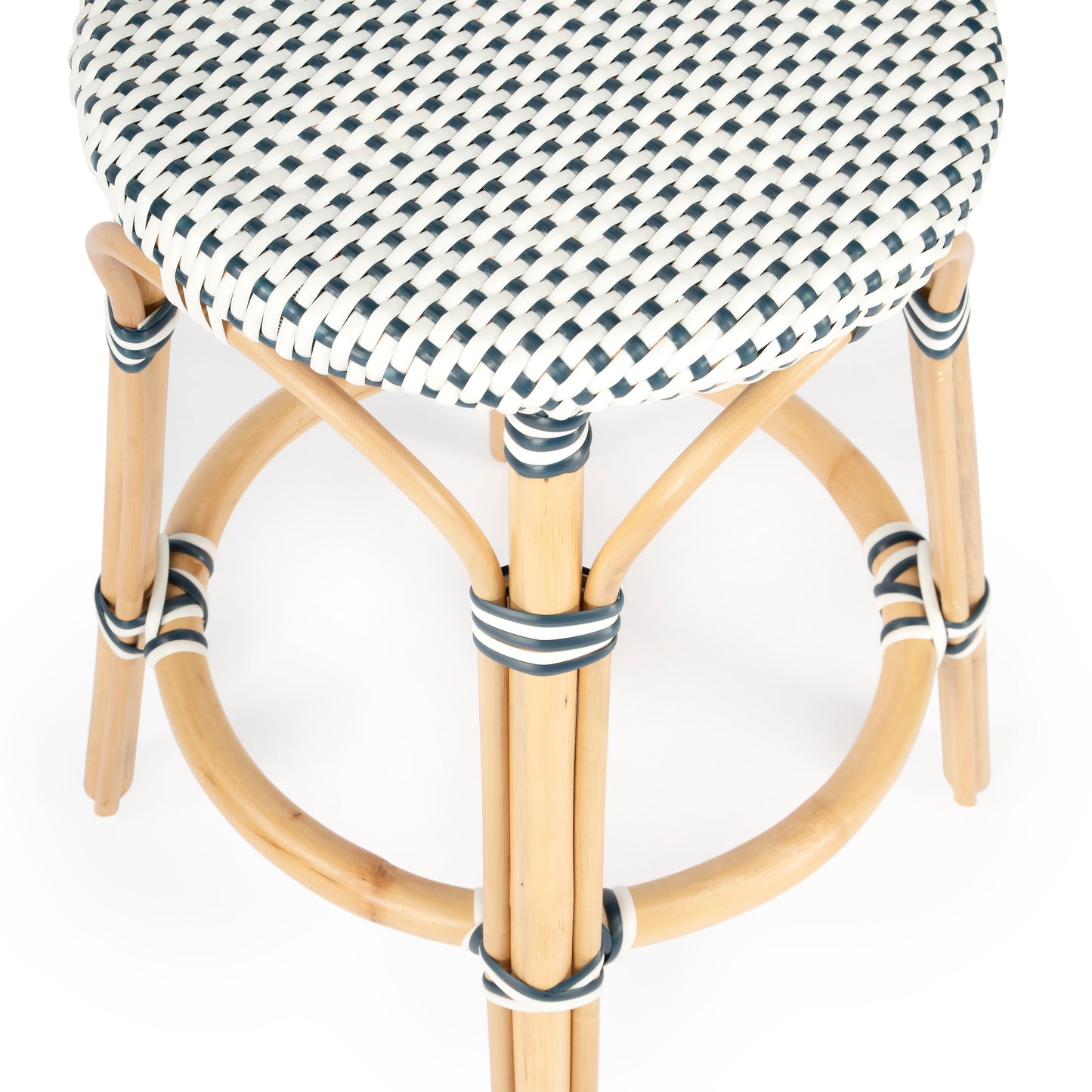 Tobias Rattan Round 24" Counter Stool in White and Navy Dot 9371222