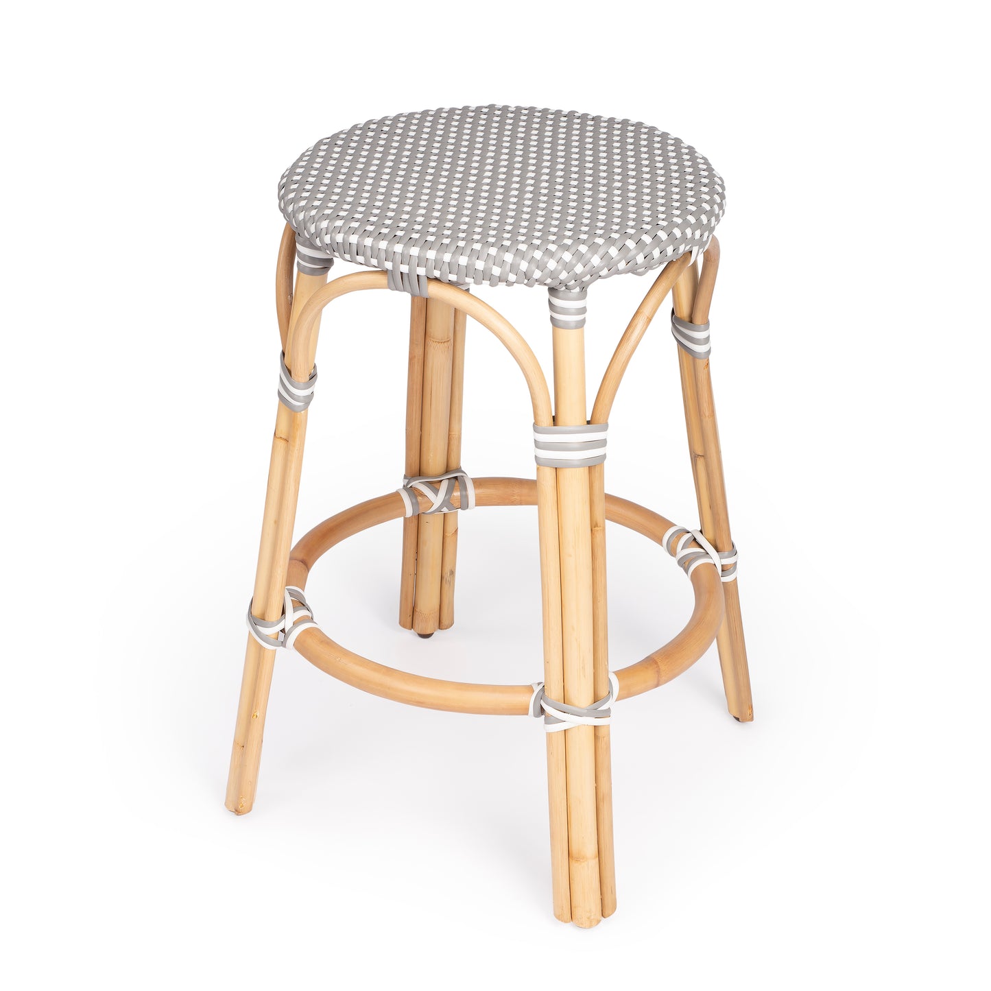 Butler Specialty Company Tobias 24 in. Seat Height Round Rattan Backless Counter Stool, Gray and White Dot