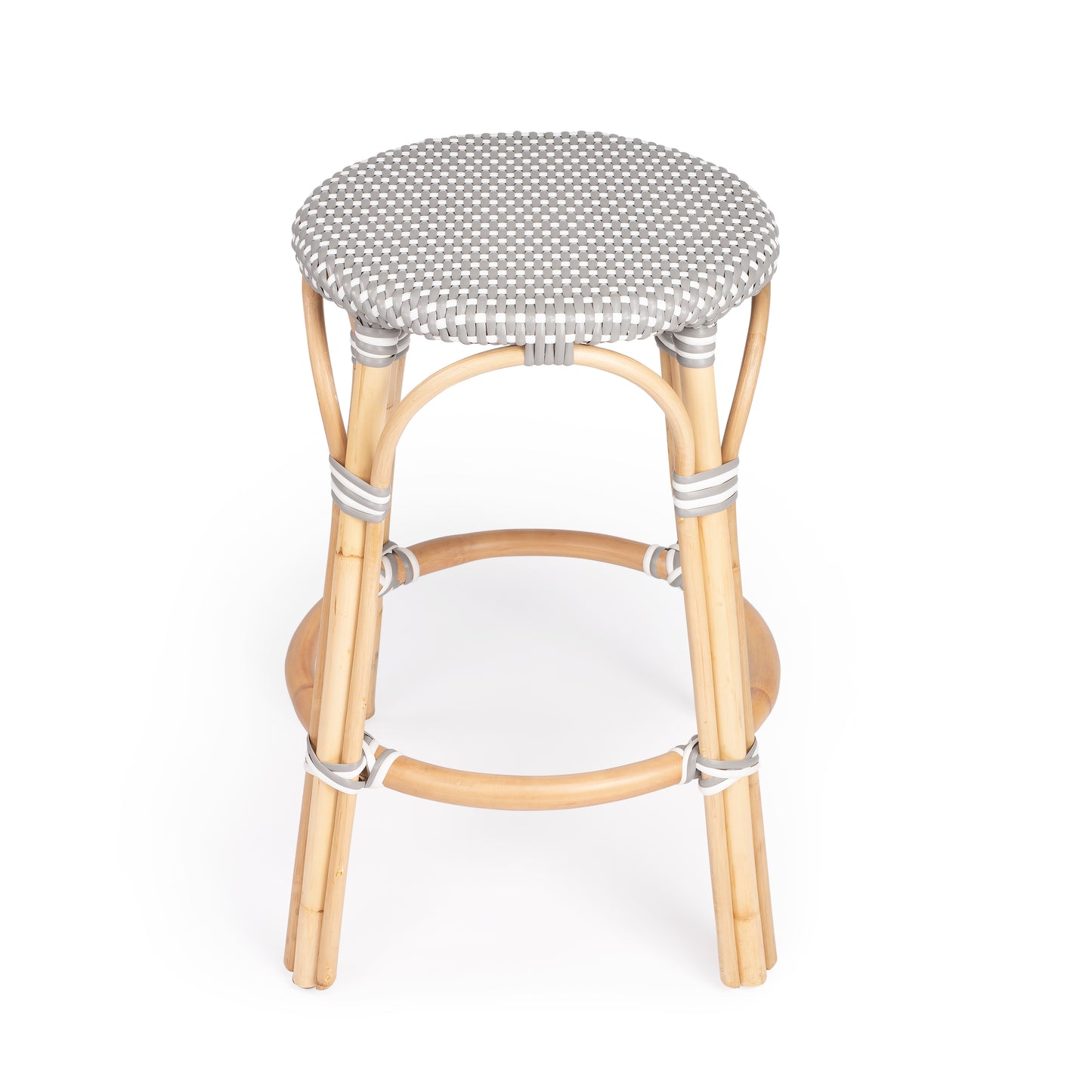Butler Specialty Company Tobias 24 in. Seat Height Round Rattan Backless Counter Stool, Gray and White Dot
