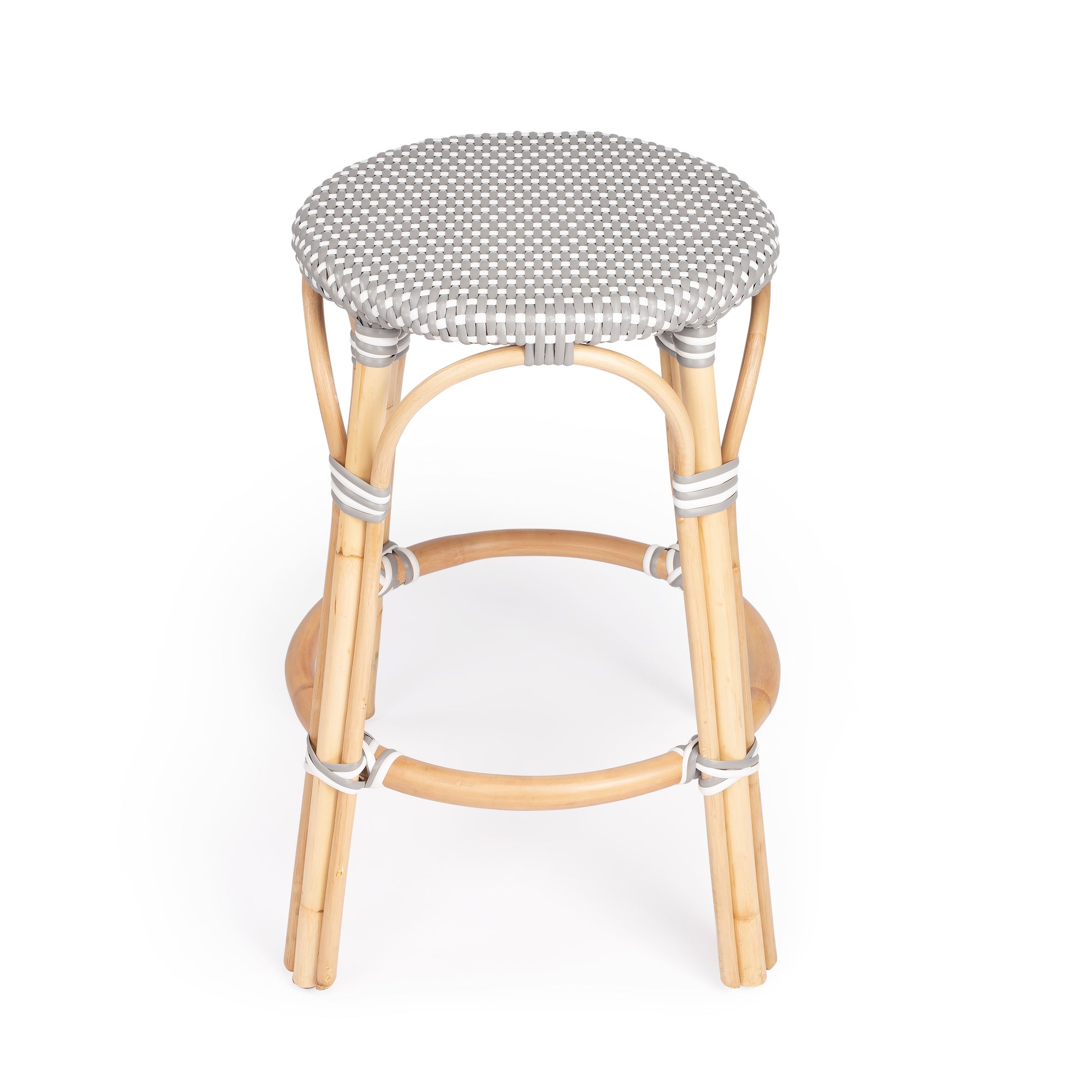 Butler Specialty Company Tobias 24 in. Seat Height Round Rattan Backless Counter Stool, Gray and White Dot