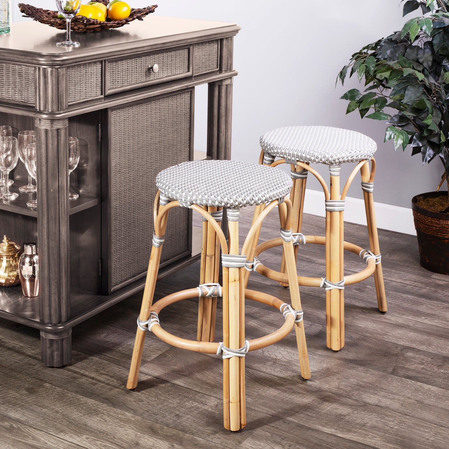 Butler Specialty Company Tobias 24 in. Seat Height Round Rattan Backless Counter Stool, Gray and White Dot