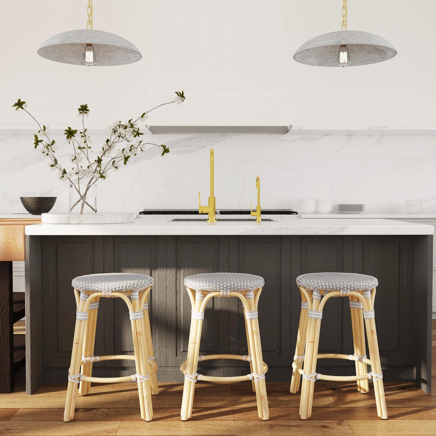 Butler Specialty Company Tobias 24 in. Seat Height Round Rattan Backless Counter Stool, Gray and White Dot