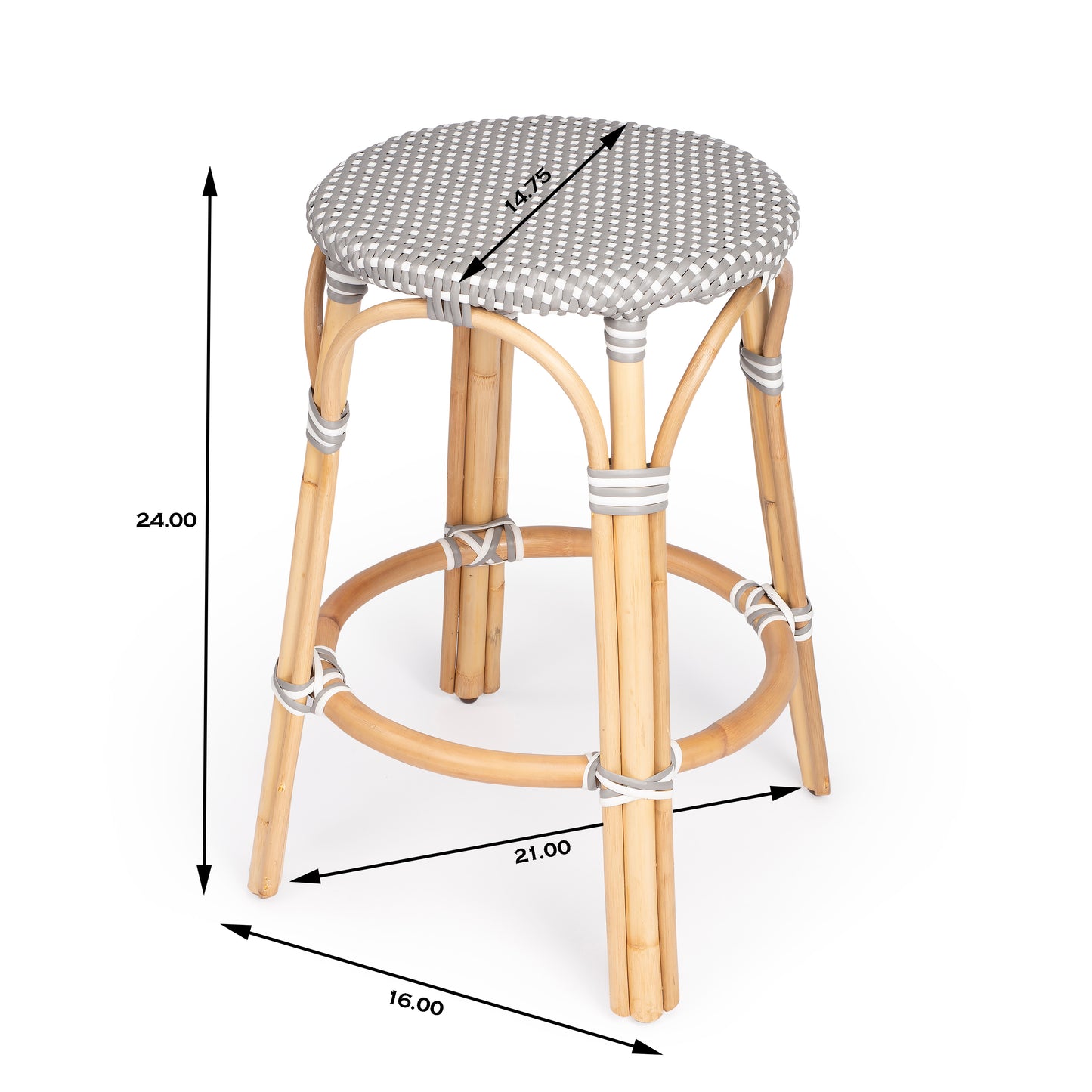 Butler Specialty Company Tobias 24 in. Seat Height Round Rattan Backless Counter Stool, Gray and White Dot
