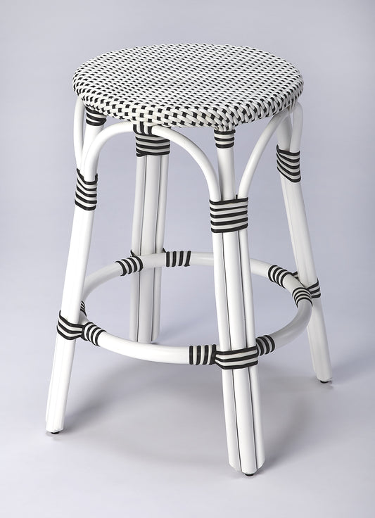Butler Specialty Company Tobias 24 in. Seat Height Round Rattan Backless Counter Stool, White and Black Dot