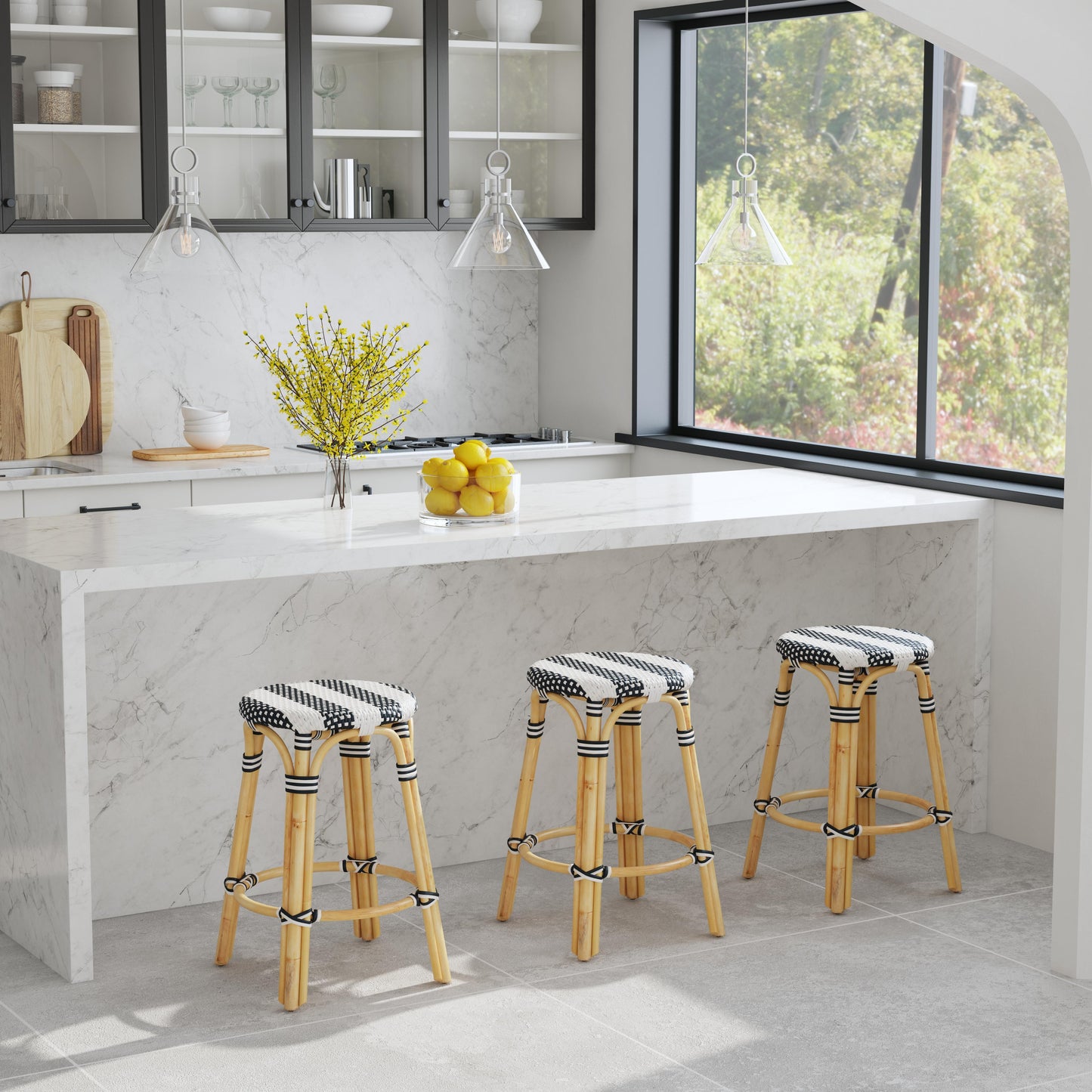 Tobias Rattan Round 24" Counter Stool in White and Navy Stripe 9371291