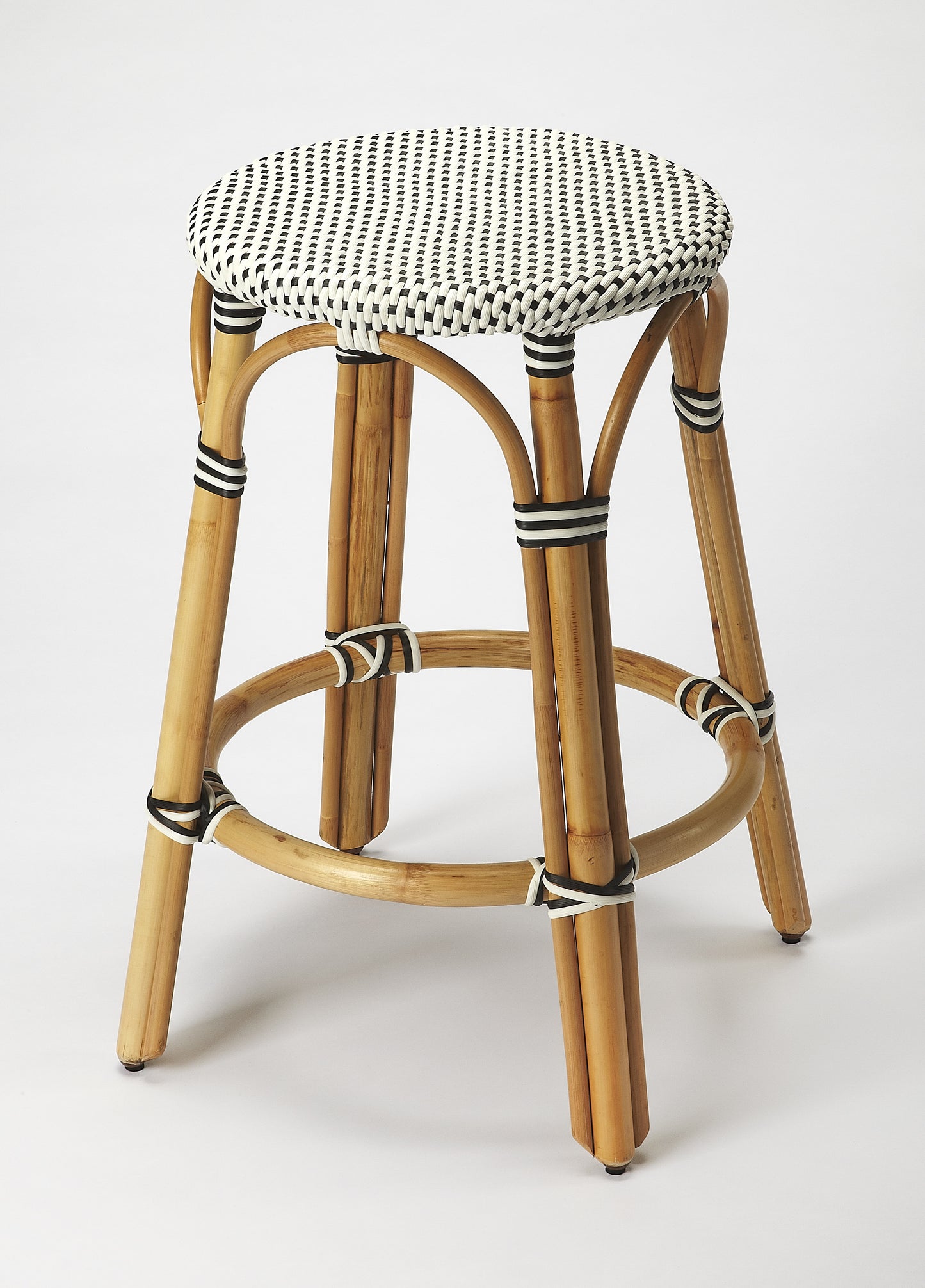 Tobias Rattan Round 24" Counter Stool in White and Black Dot 9371295