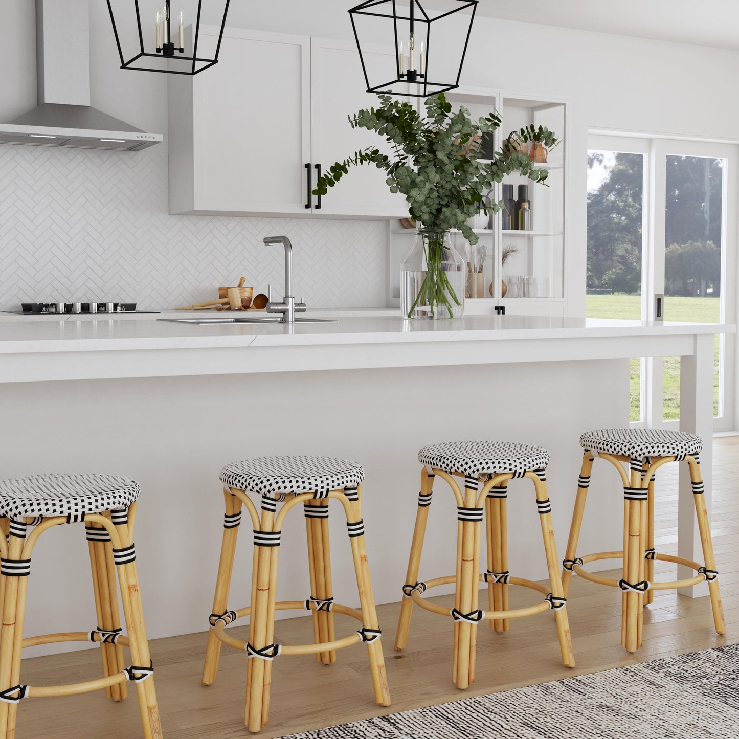 Tobias Rattan Round 24" Counter Stool in White and Black Dot 9371295
