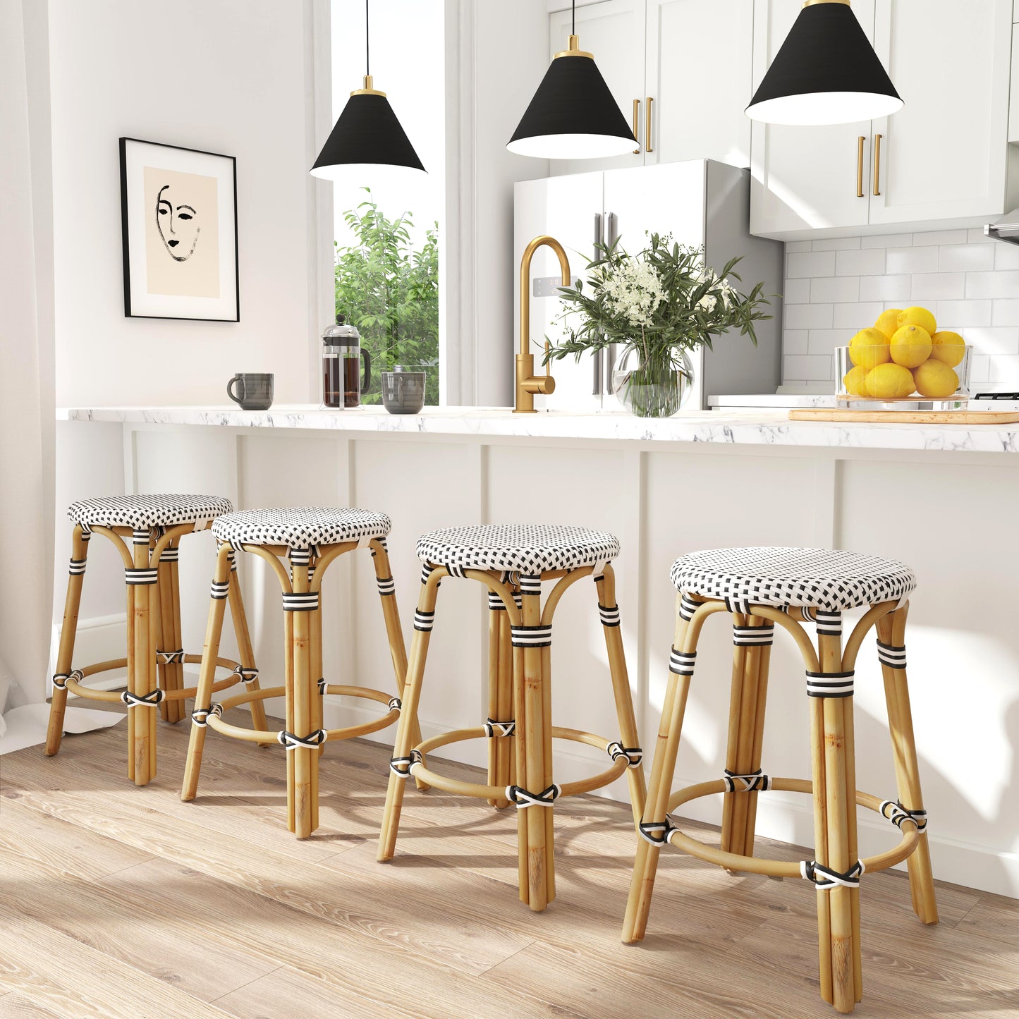 Tobias Rattan Round 24" Counter Stool in White and Black Dot 9371295