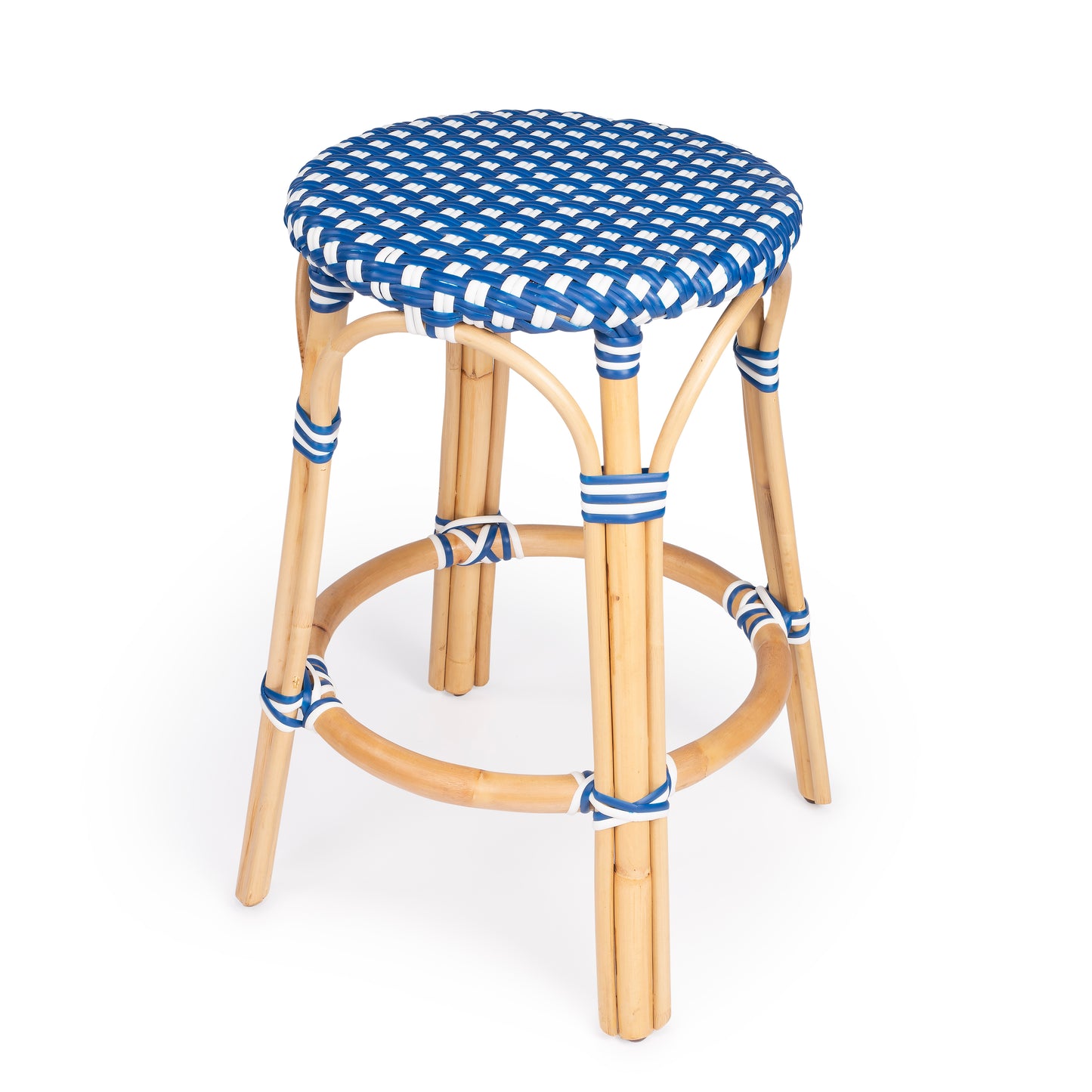 Tobias Rattan Round 24" Counter Stool in Blue and White Dot 9371303