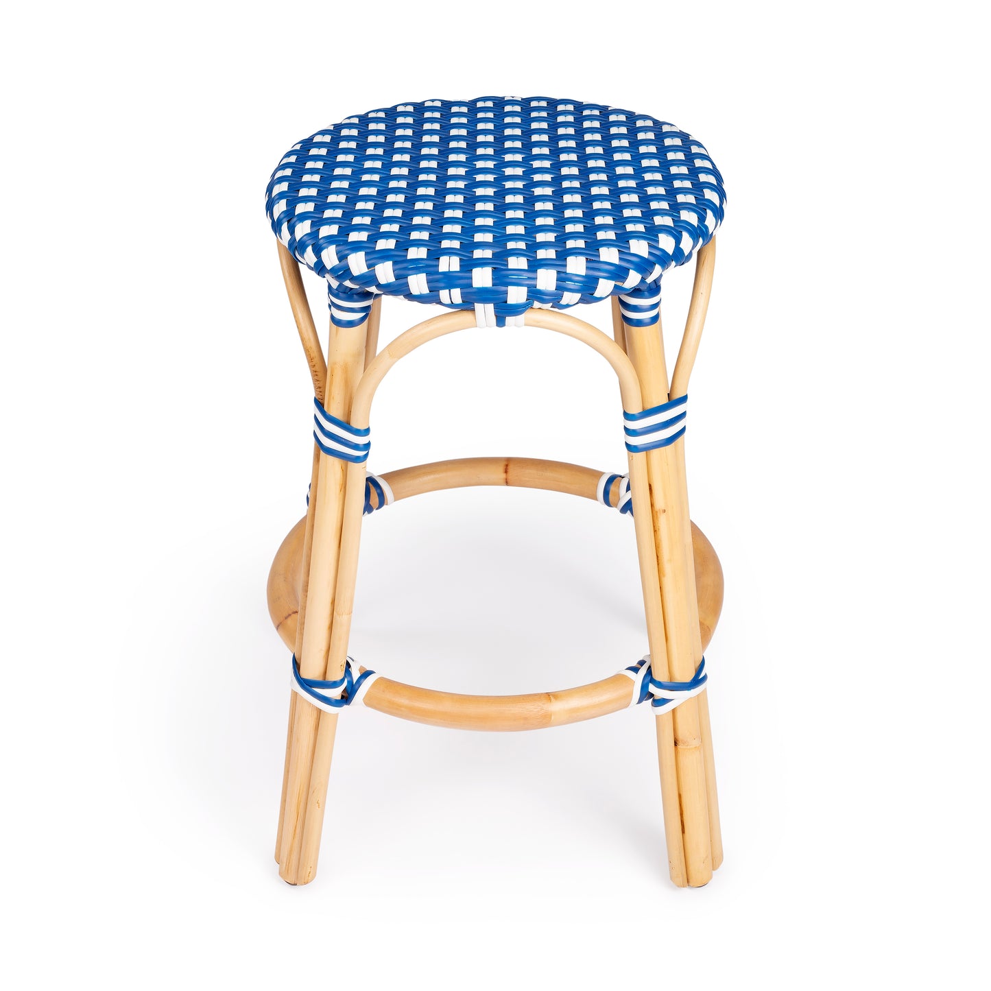 Tobias Rattan Round 24" Counter Stool in Blue and White Dot 9371303