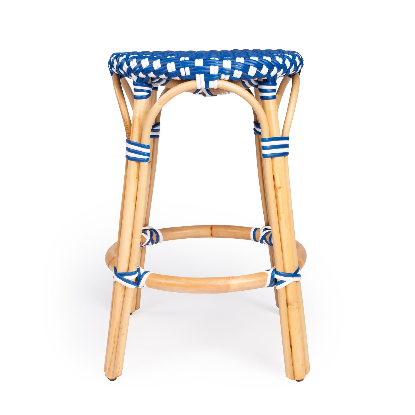 Tobias Rattan Round 24" Counter Stool in Blue and White Dot 9371303