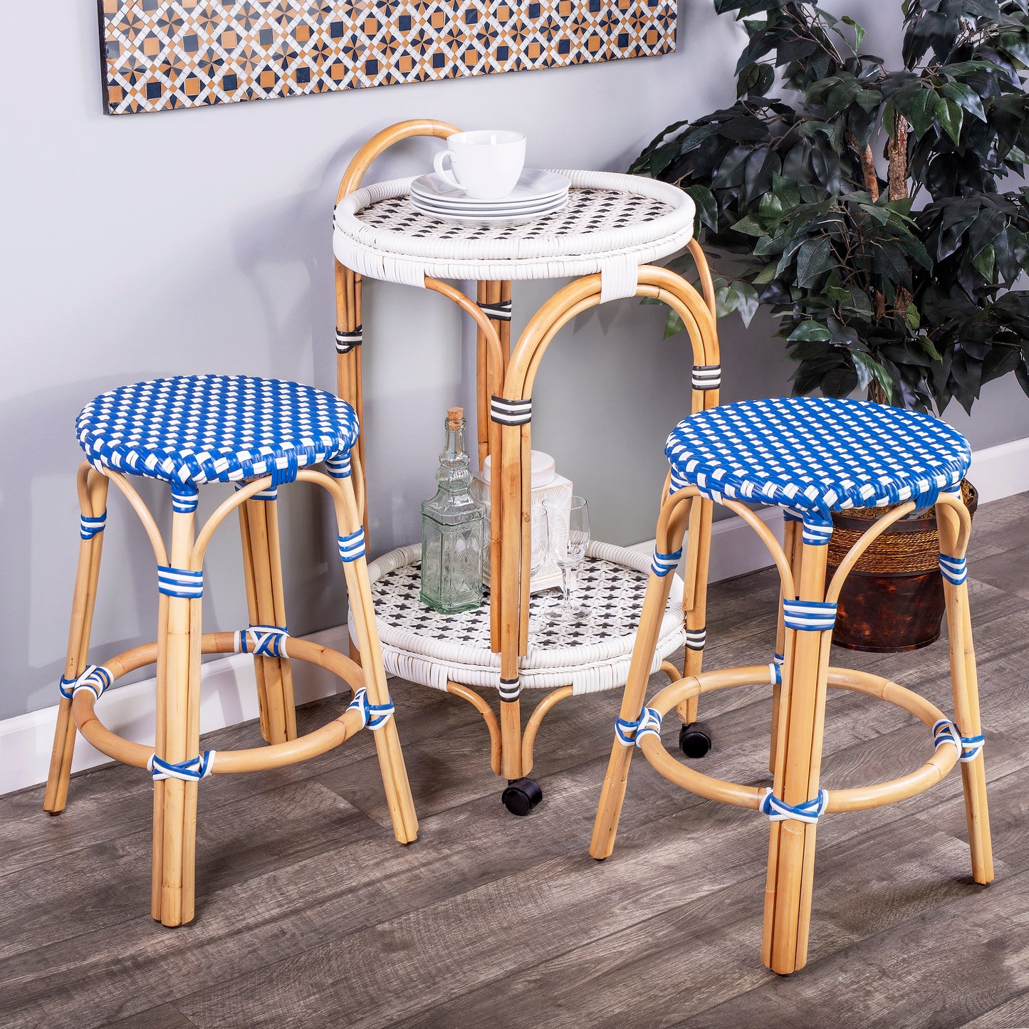Tobias Rattan Round 24" Counter Stool in Blue and White Dot 9371303