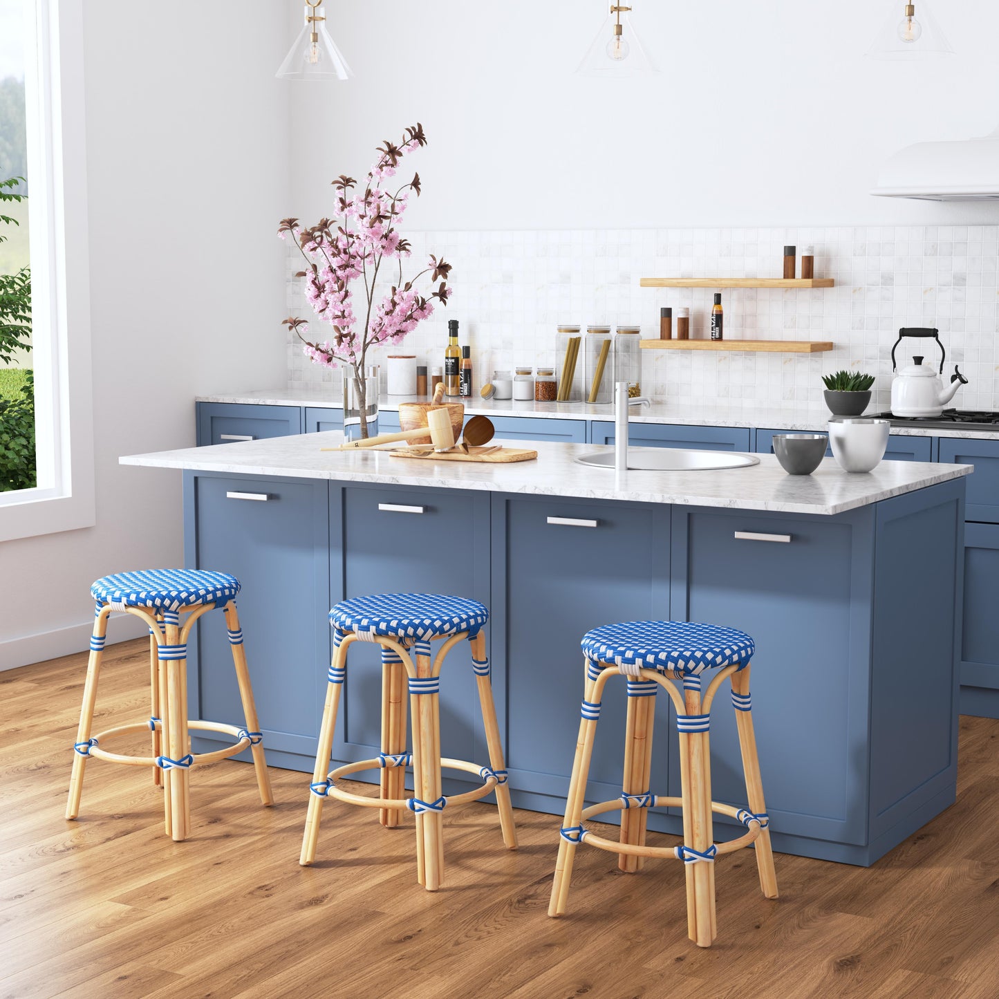 Tobias Rattan Round 24" Counter Stool in Blue and White Dot 9371303