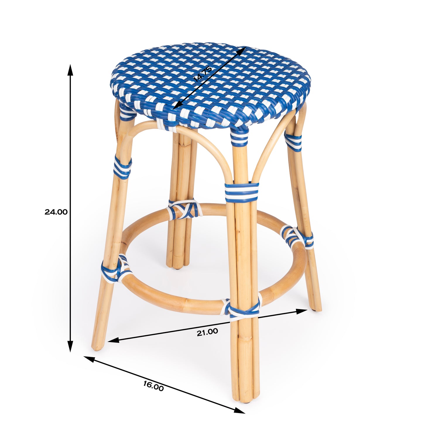 Tobias Rattan Round 24" Counter Stool in Blue and White Dot 9371303
