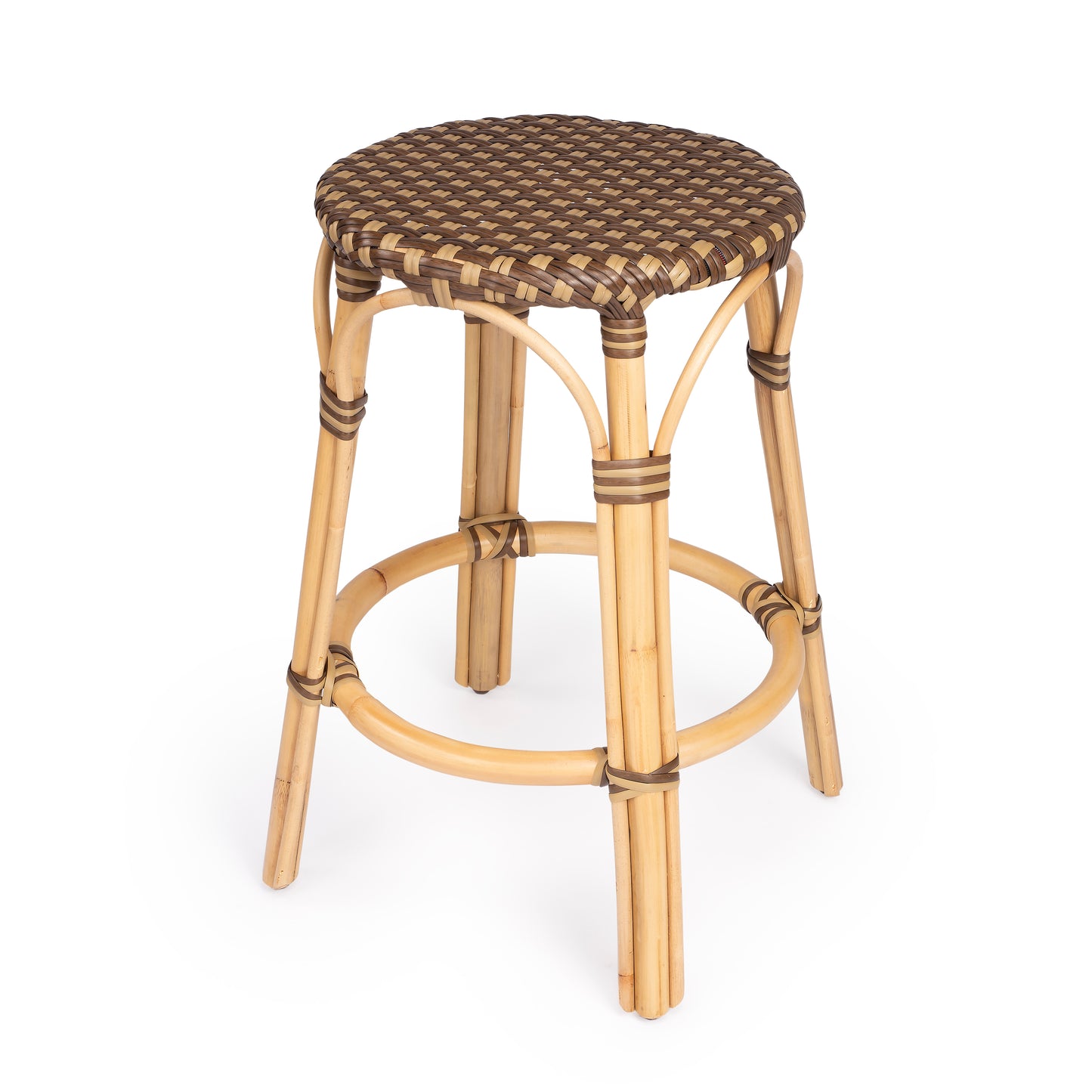 Tobias Rattan Round 24" Counter Stool in Brown and Tan Dot 9371354