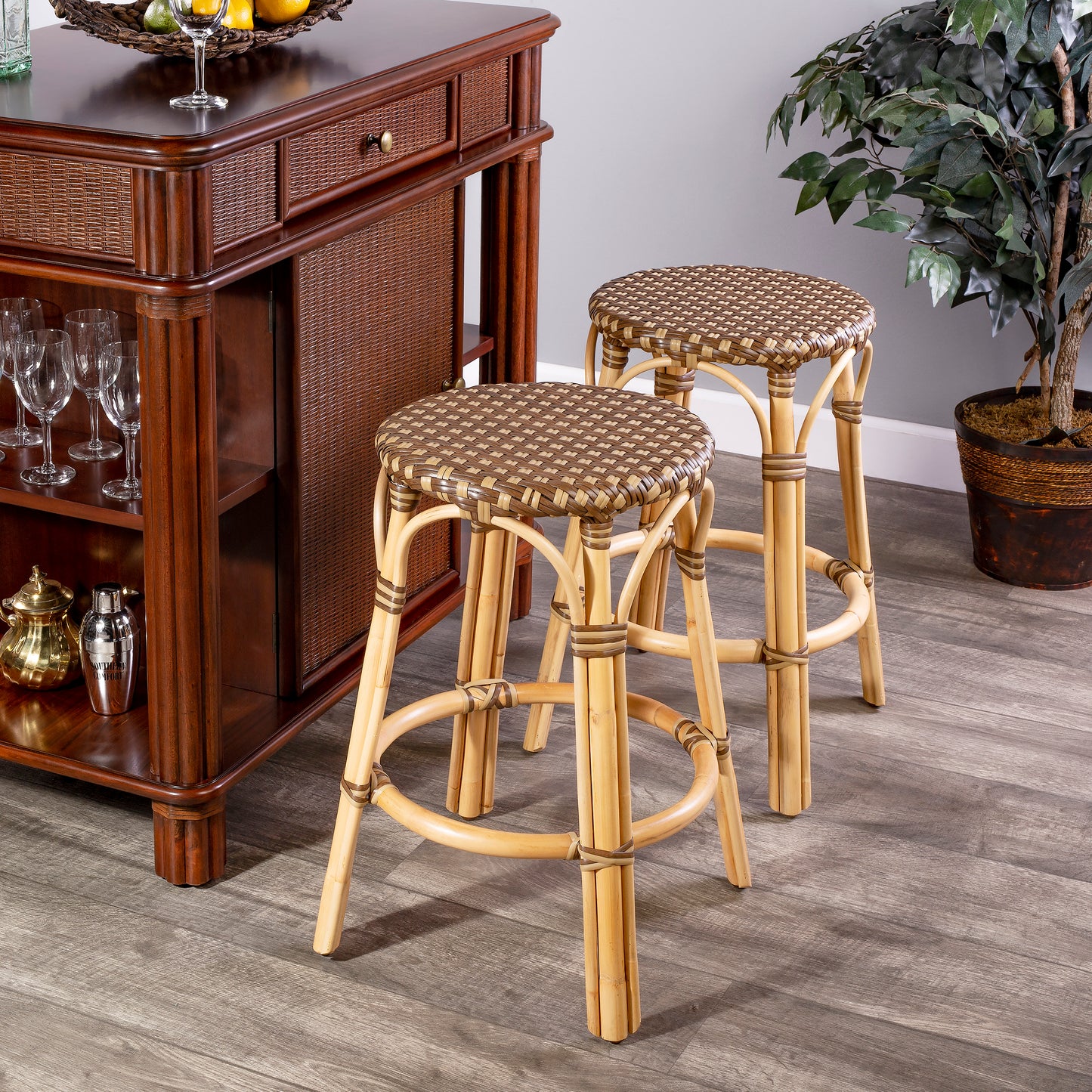 Tobias Rattan Round 24" Counter Stool in Brown and Tan Dot 9371354