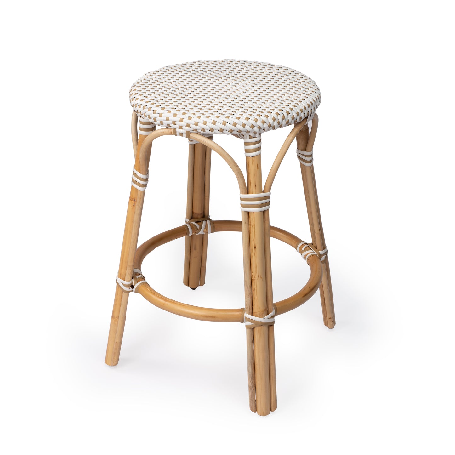 Tobias Rattan Round 24" Counter Stool in White and Tan Dot 9371415