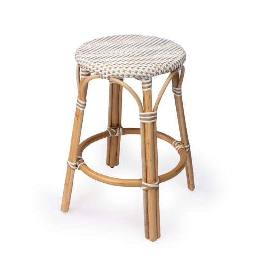 Tobias Rattan Round 24" Counter Stool in White and Tan Dot 9371415