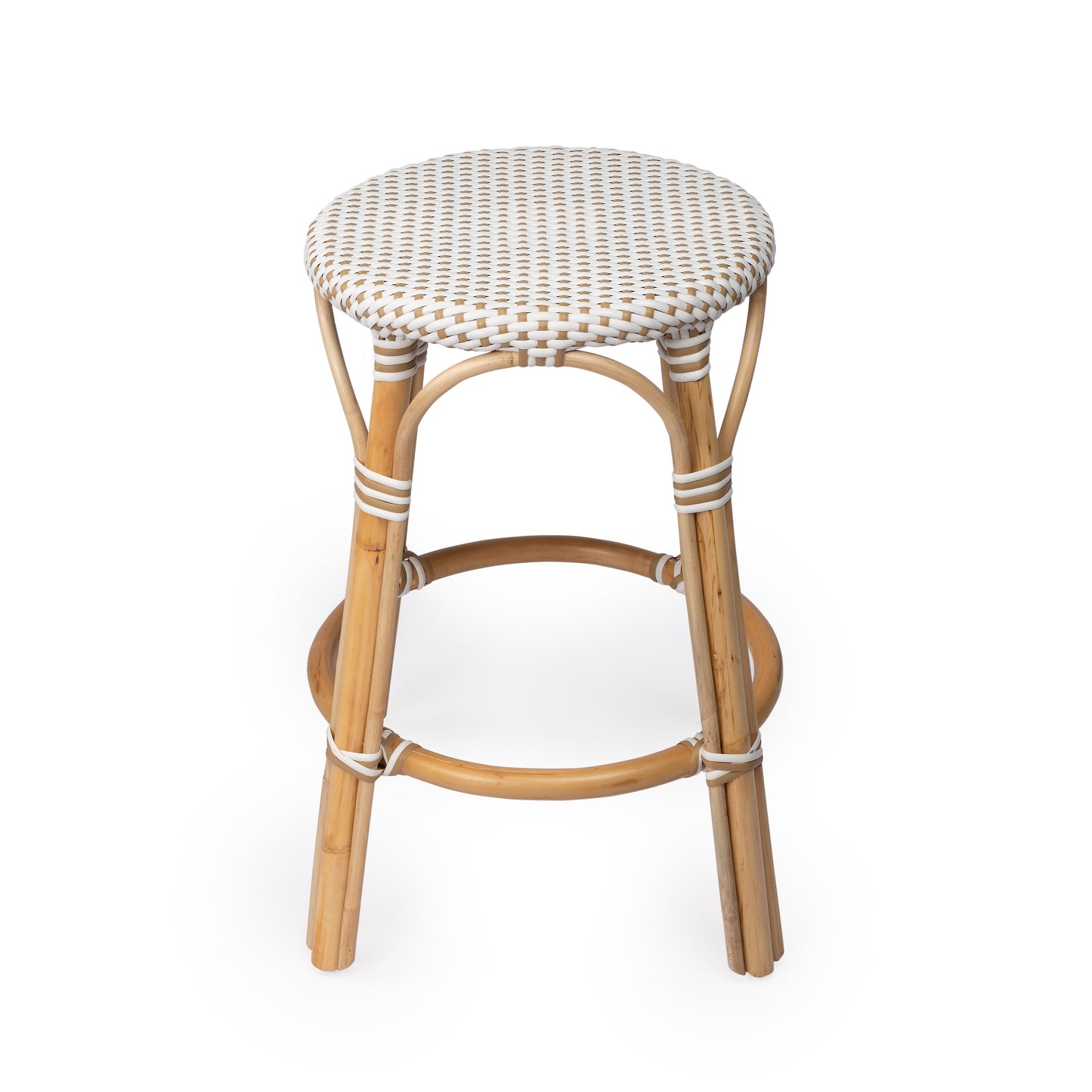 Tobias Rattan Round 24" Counter Stool in White and Tan Dot 9371415
