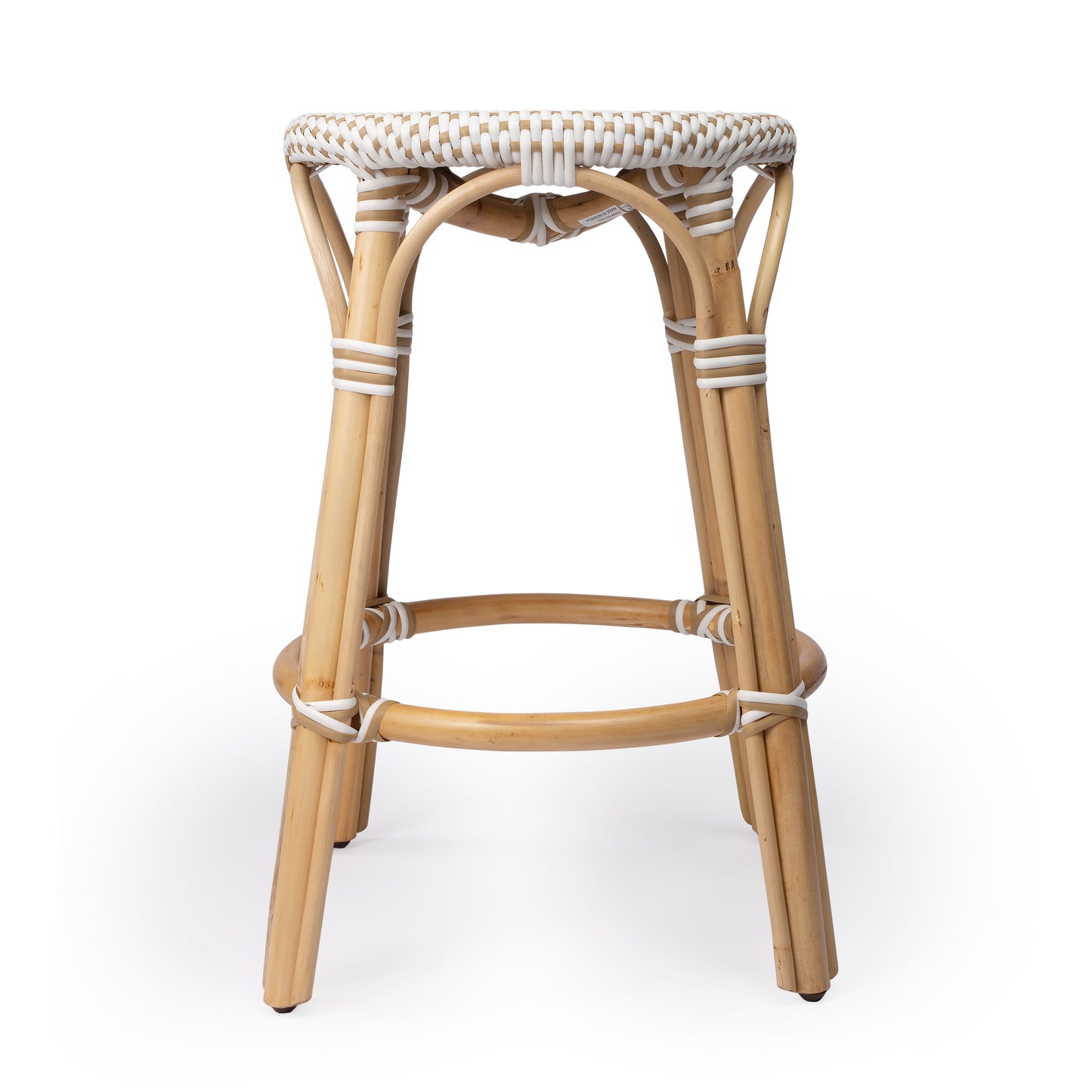 Tobias Rattan Round 24" Counter Stool in White and Tan Dot 9371415