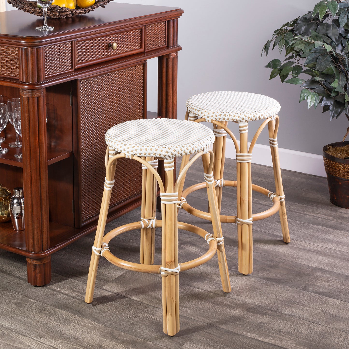 Tobias Rattan Round 24" Counter Stool in White and Tan Dot 9371415