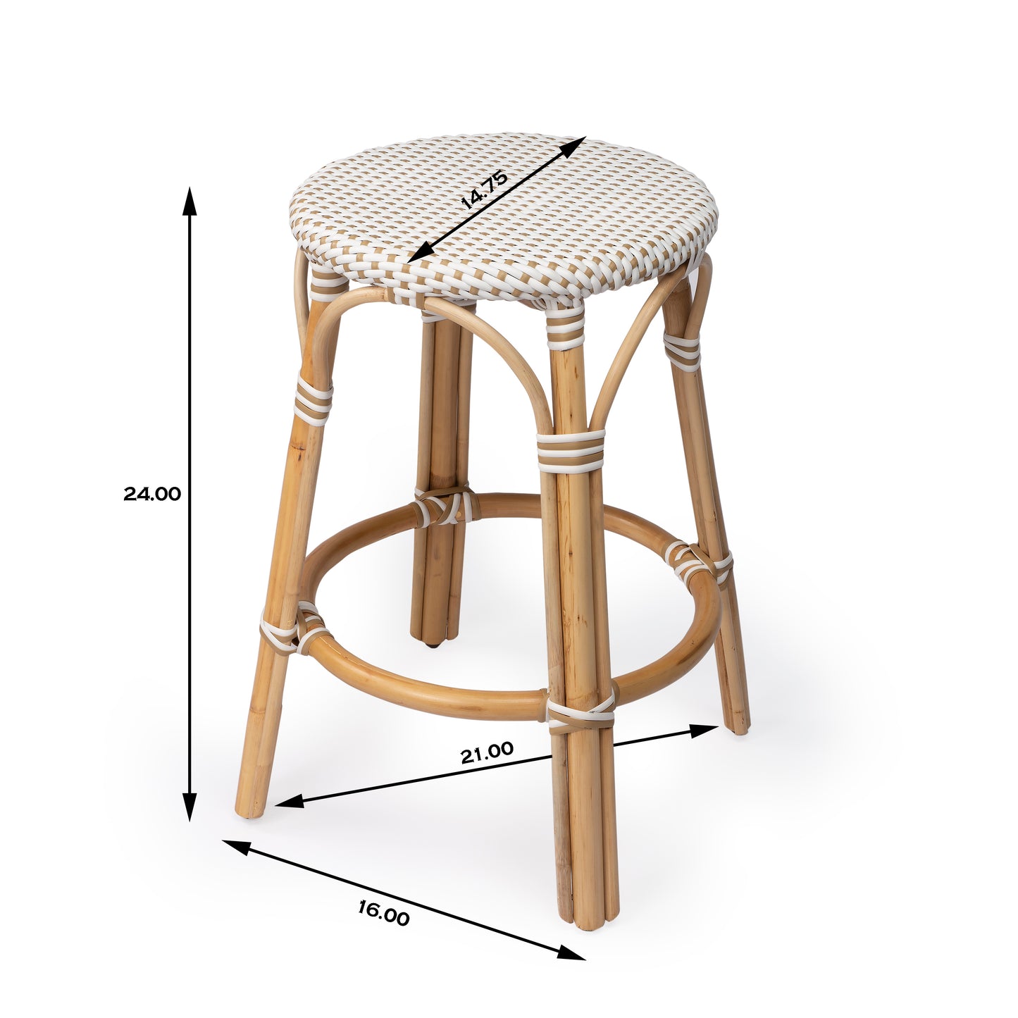 Tobias Rattan Round 24" Counter Stool in White and Tan Dot 9371415