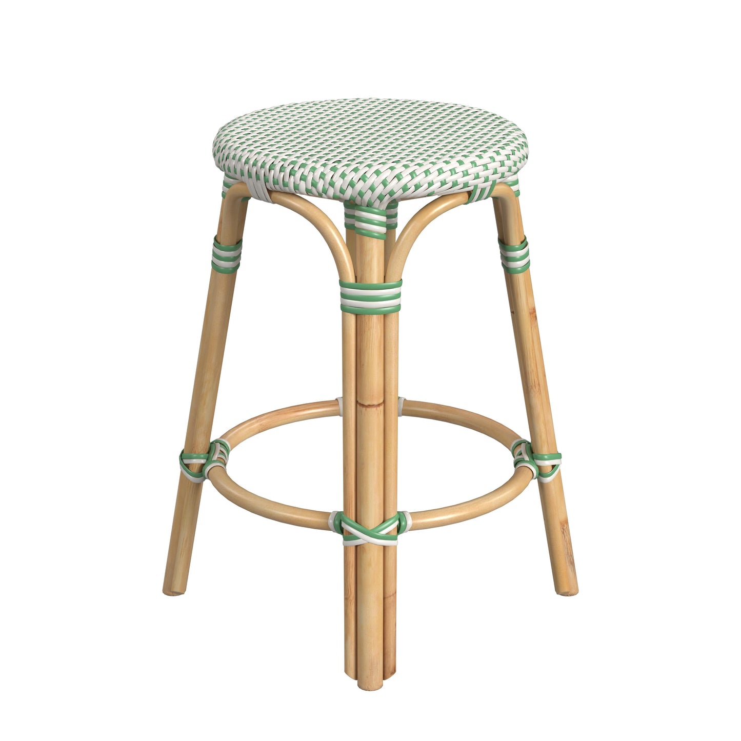 Tobias Rattan Round 24" Counter Stool in White and Green Dot 9371426