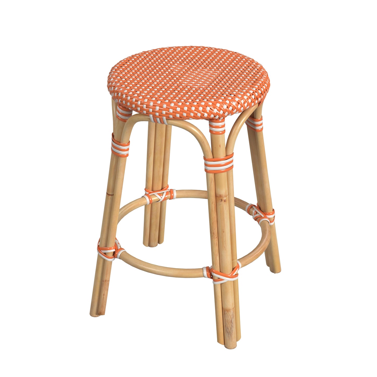 Tobias Rattan Round 24" Counter Stool in Orange and White Dot 9371427