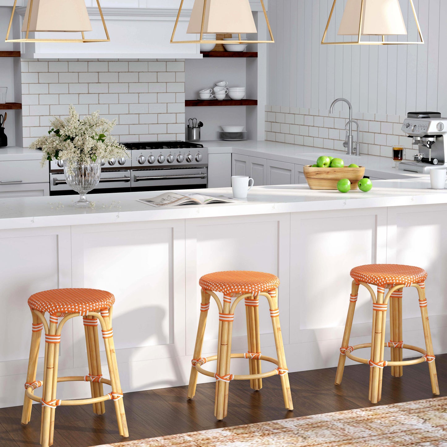Tobias Rattan Round 24" Counter Stool in Orange and White Dot 9371427